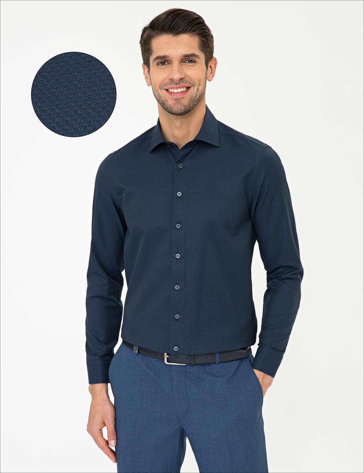 Lacivert Slim Fit Armürlü Gömlek