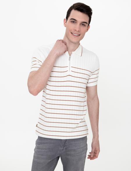 Ekru Slim Fit Fermuarlı Polo Yaka Triko Tişört