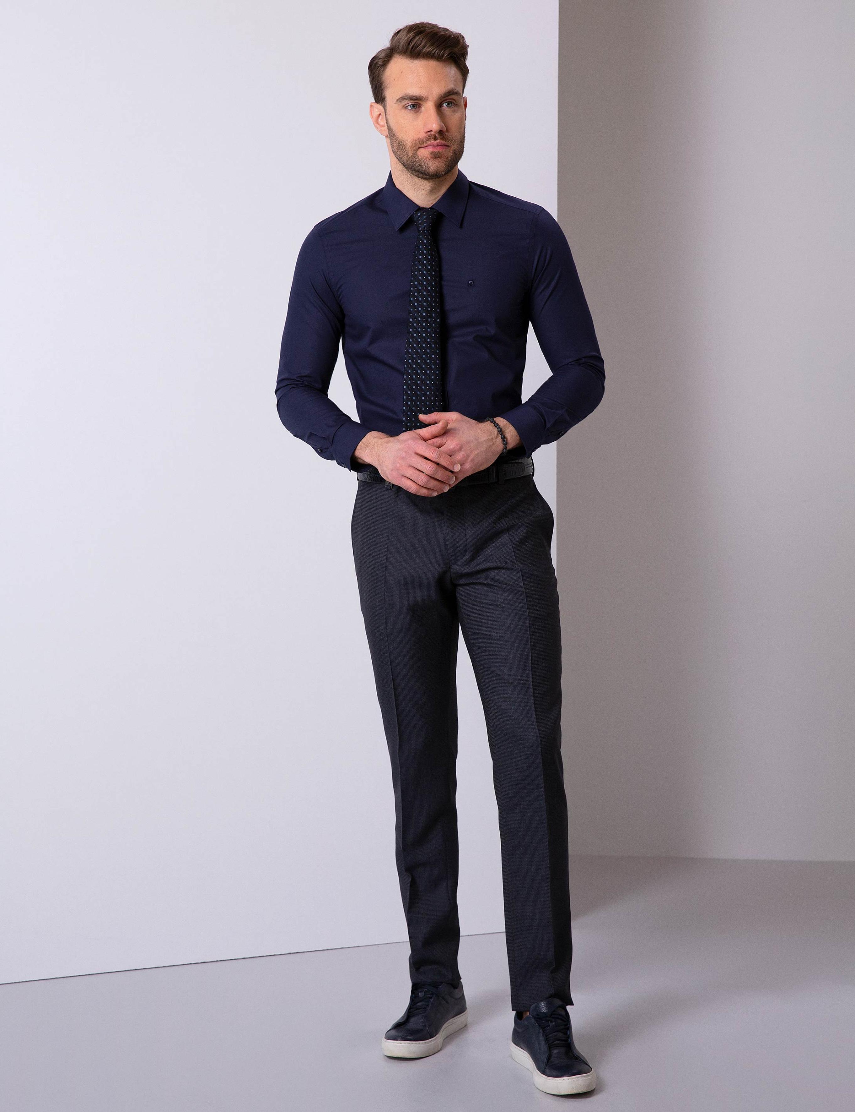Lacivert Slim Fit Uzun Kollu Basic Gömlek