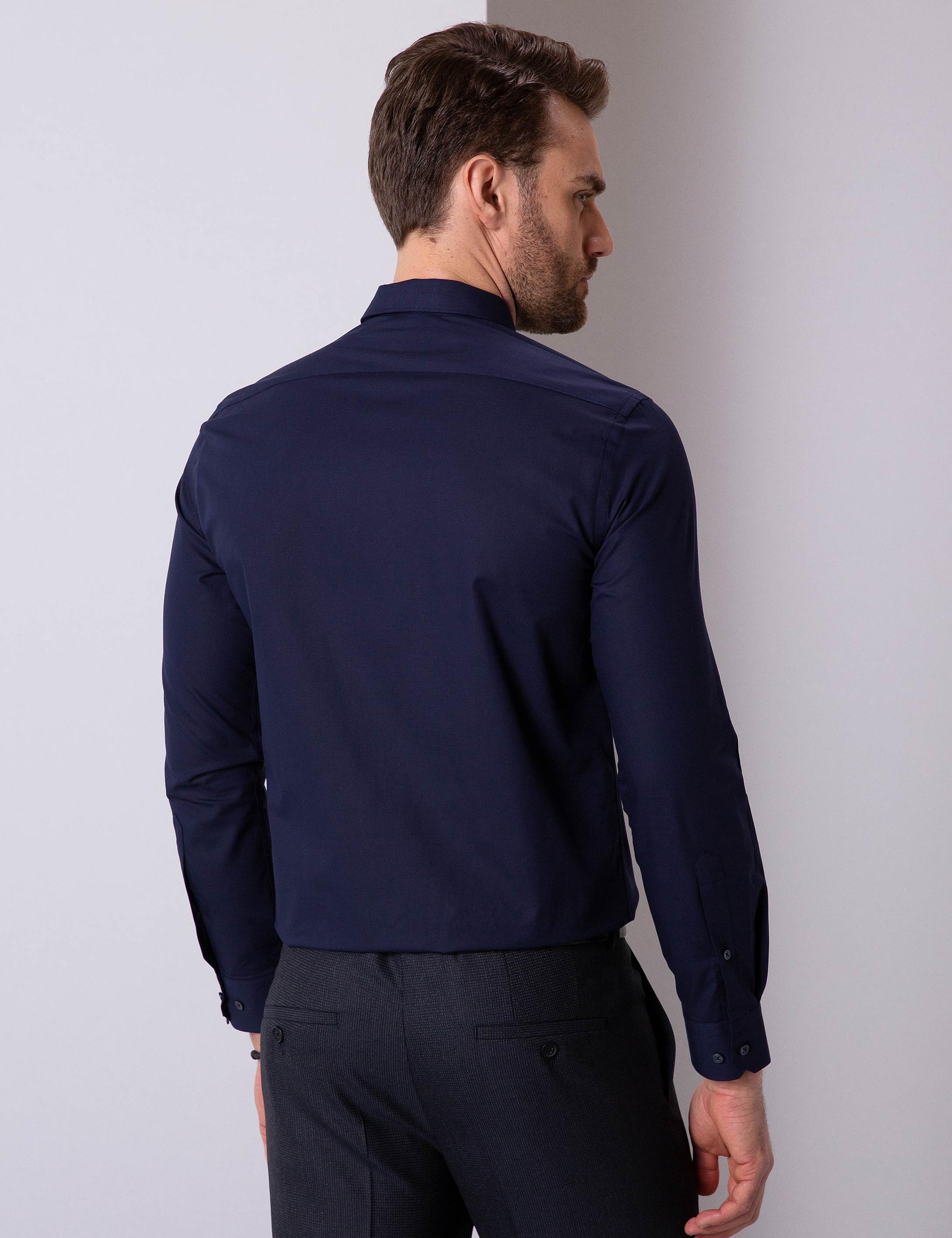 Lacivert Slim Fit Uzun Kollu Basic Gömlek