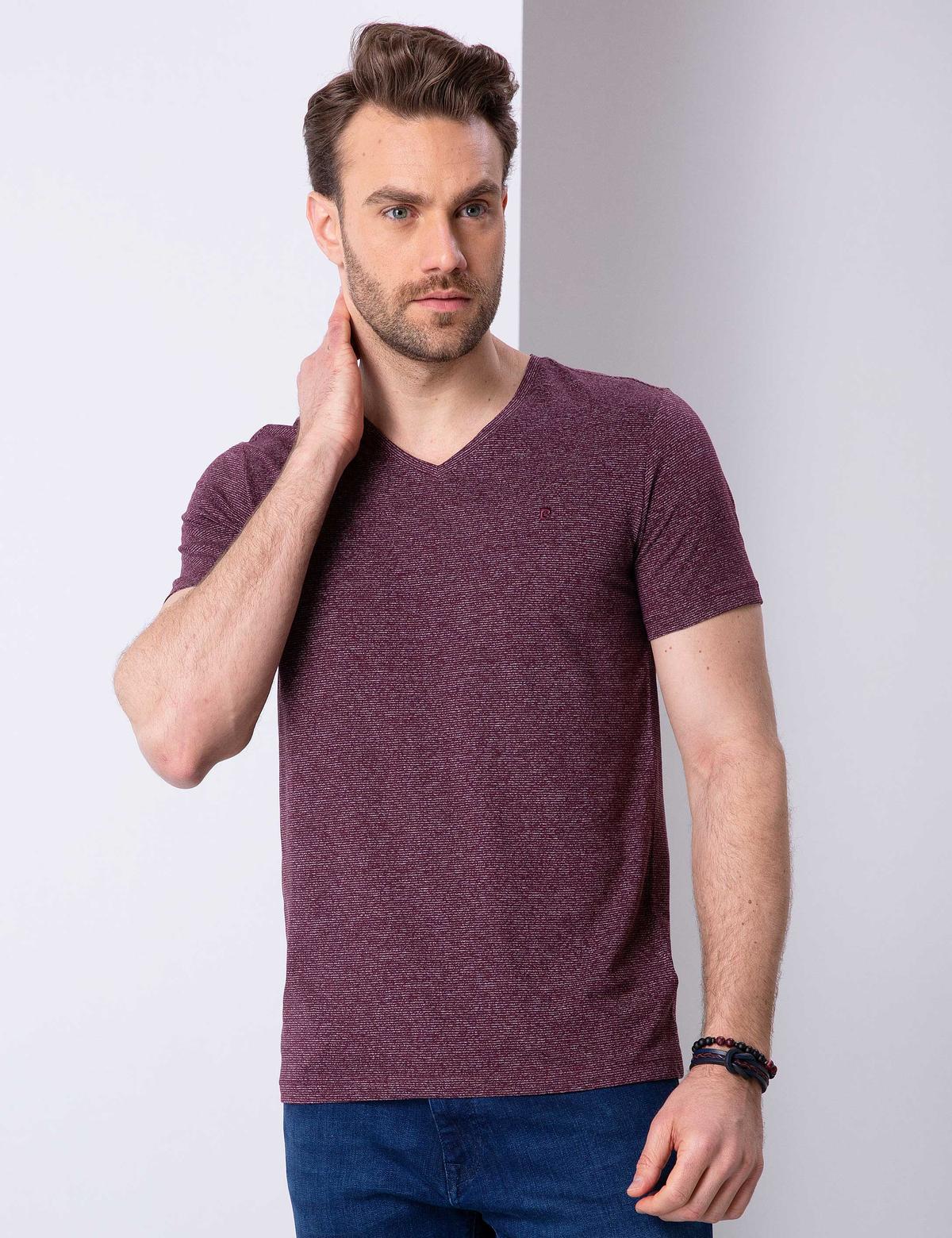 Bordo Slim Fit V Yaka Basic T-Shirt