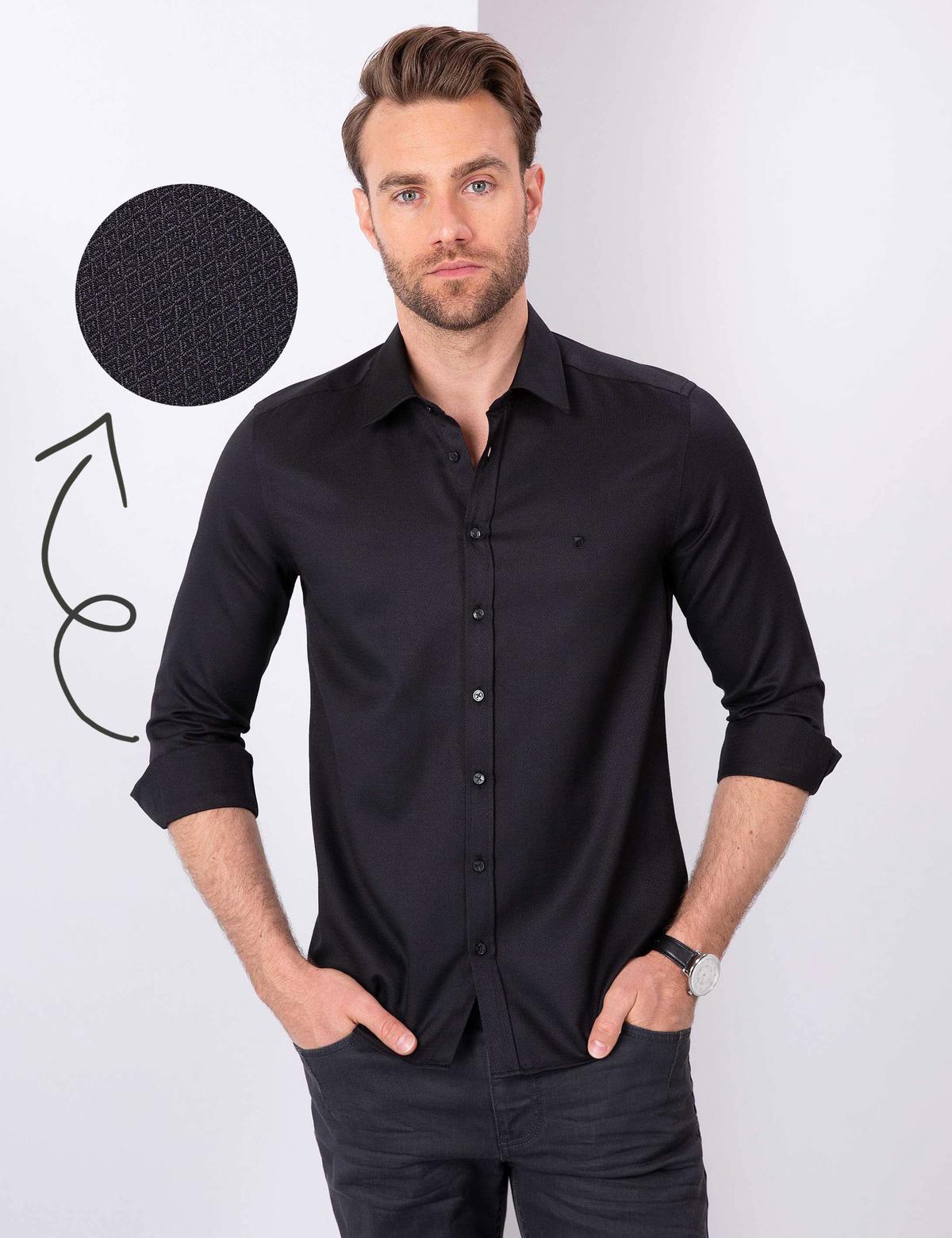 Siyah Slim Fit Armürlü Gömlek