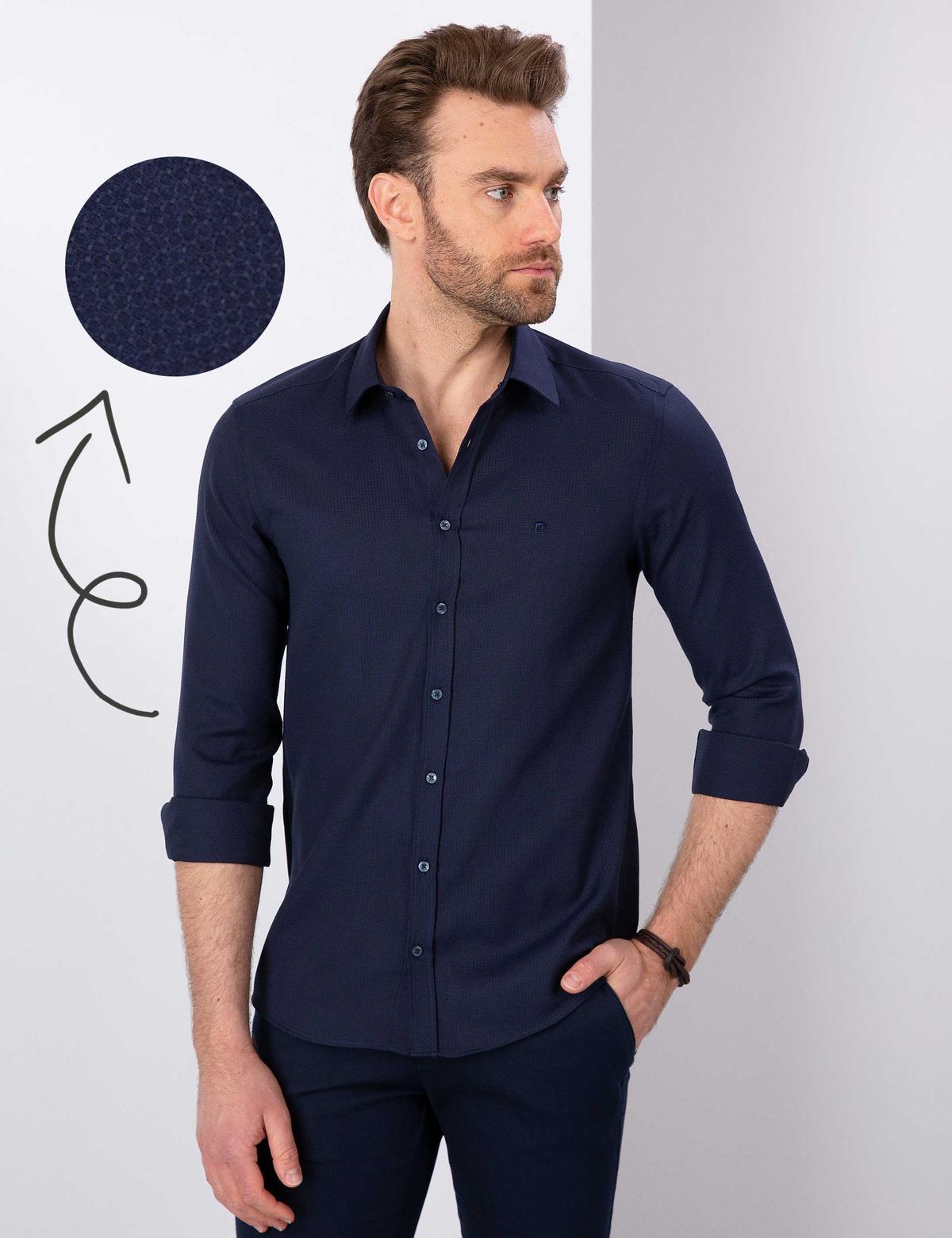 Lacivert Slim Fit Armürlü Gömlek