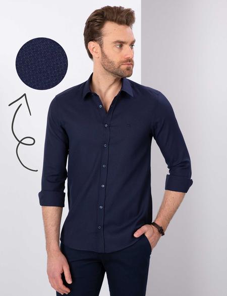 Lacivert Slim Fit Armürlü Gömlek
