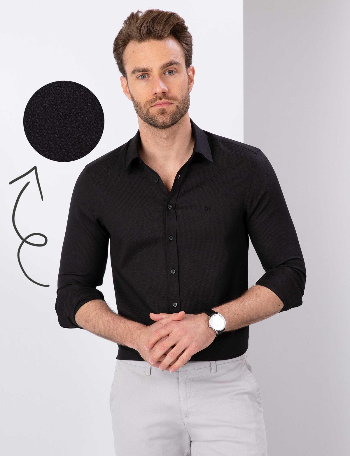 Siyah Slim Fit Armürlü Gömlek