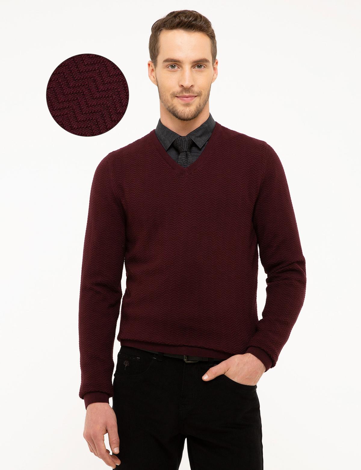Bordo Slim Fit V Yaka Triko Kazak