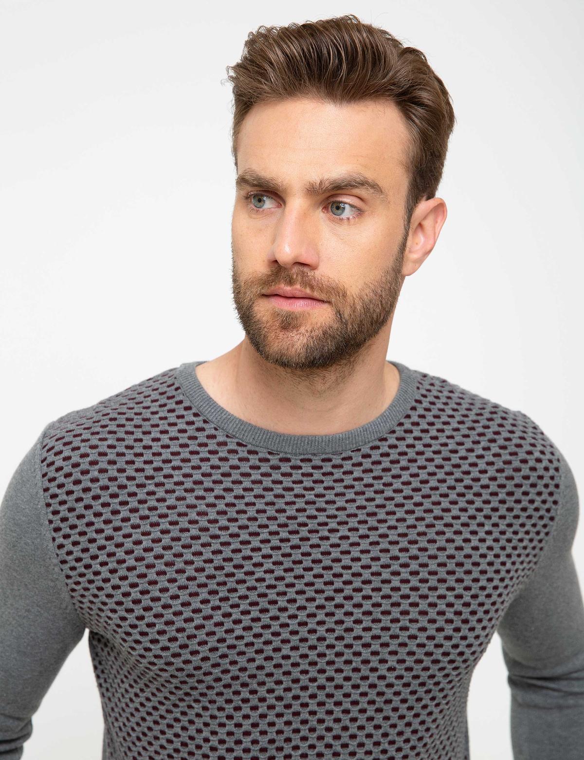 Gri Melanj Slim Fit Bisiklet Yaka Triko Kazak