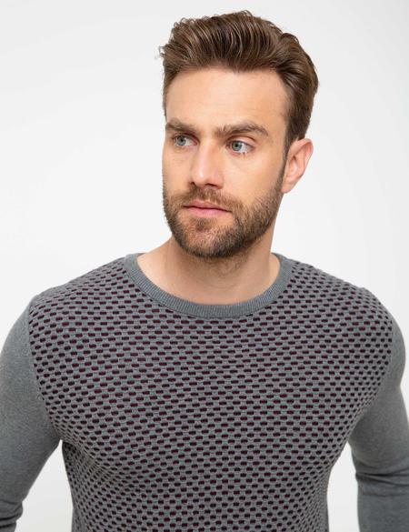 Gri Melanj Slim Fit Bisiklet Yaka Triko Kazak
