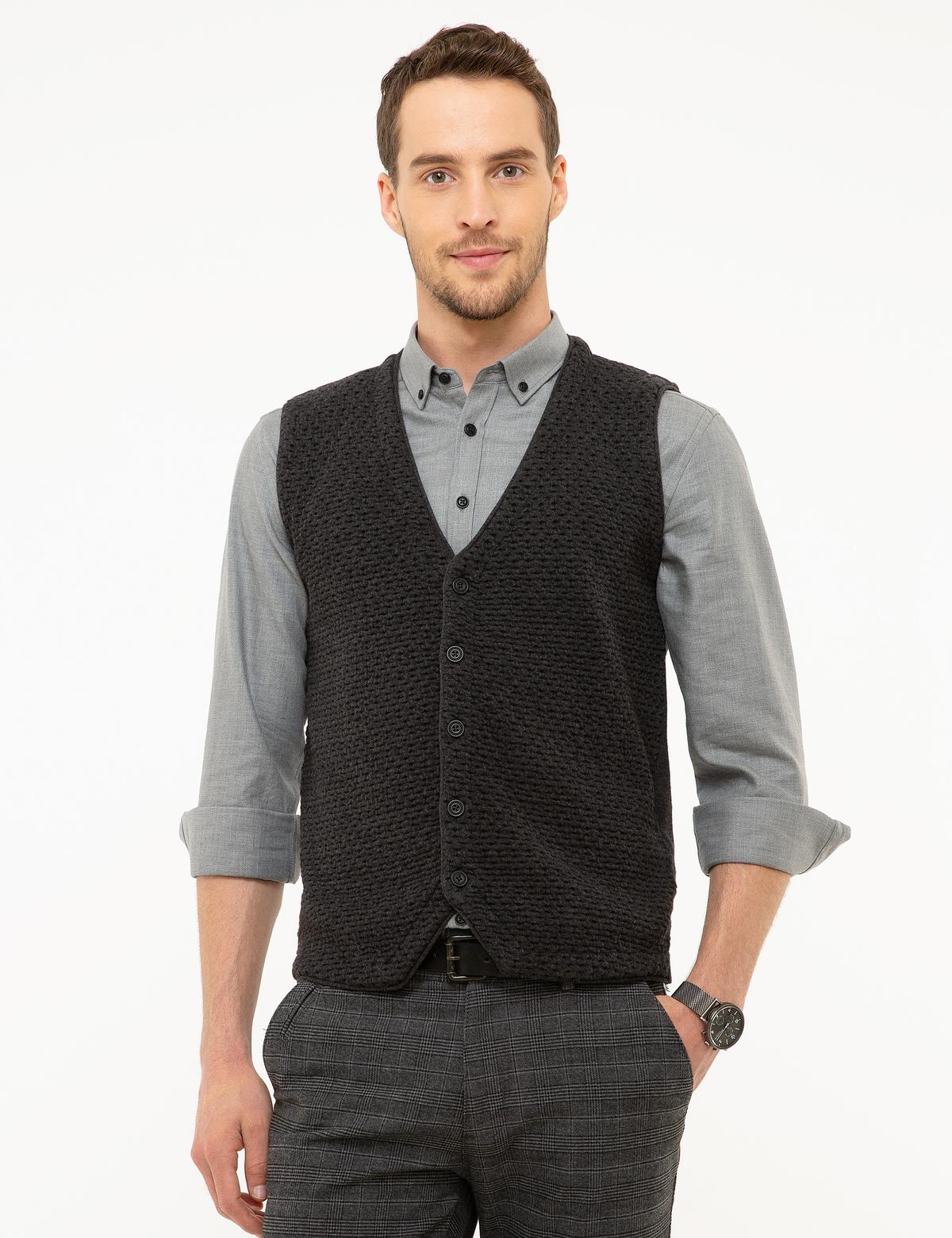 Antrasit Melanj Slim Fit Triko Yelek