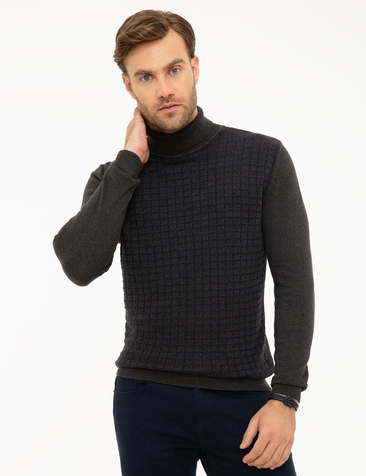 Antrasit Melanj Slim Fit Tam Balıkçı Yaka Triko Kazak