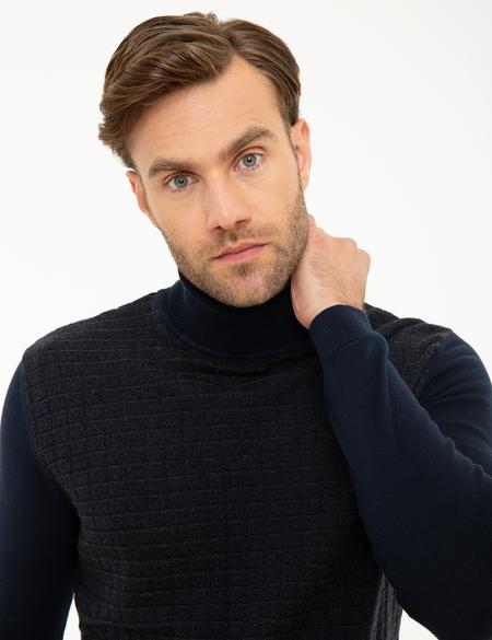 Koyu Lacivert Slim Fit Balıkçı Yaka Triko Kazak