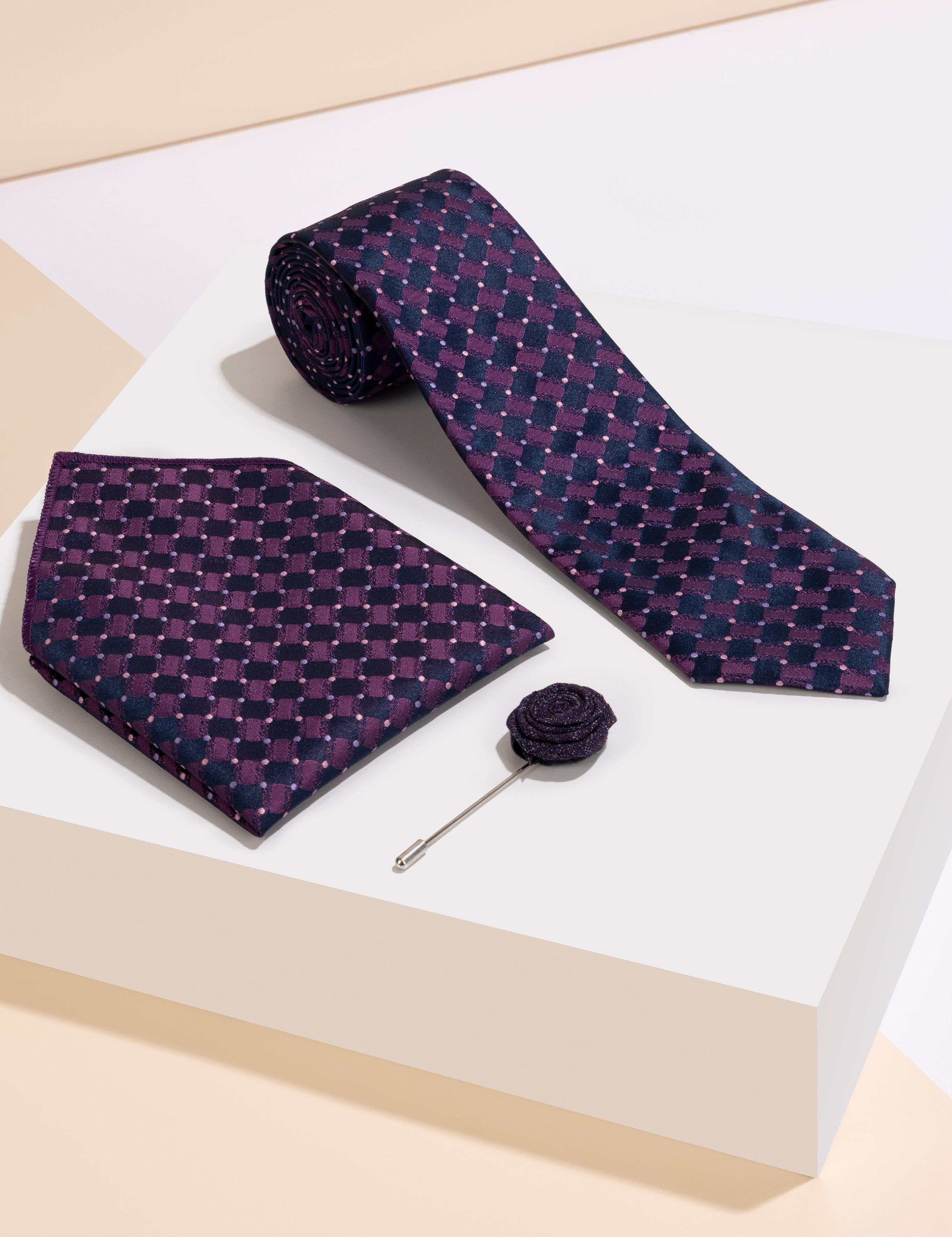 Mor 3'lü Kravat Mendil Set