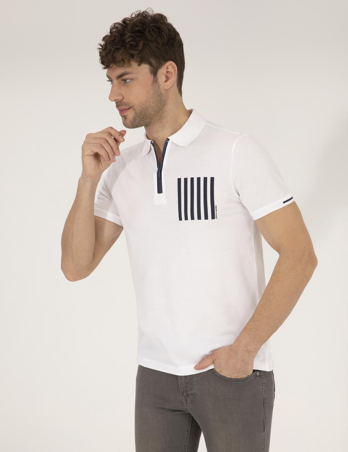 Beyaz Slim Fit Fermuarlı Polo Yaka Tişört