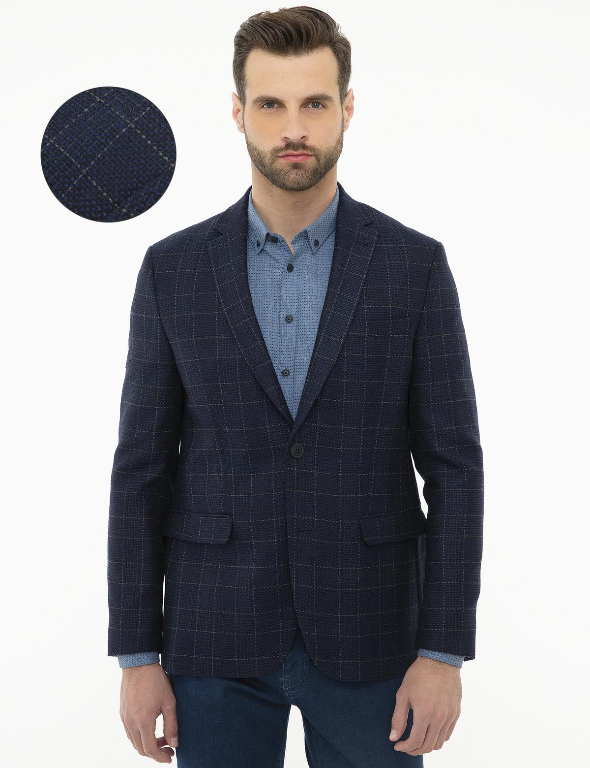 Ekose Lacivert Slim Fit Ceket