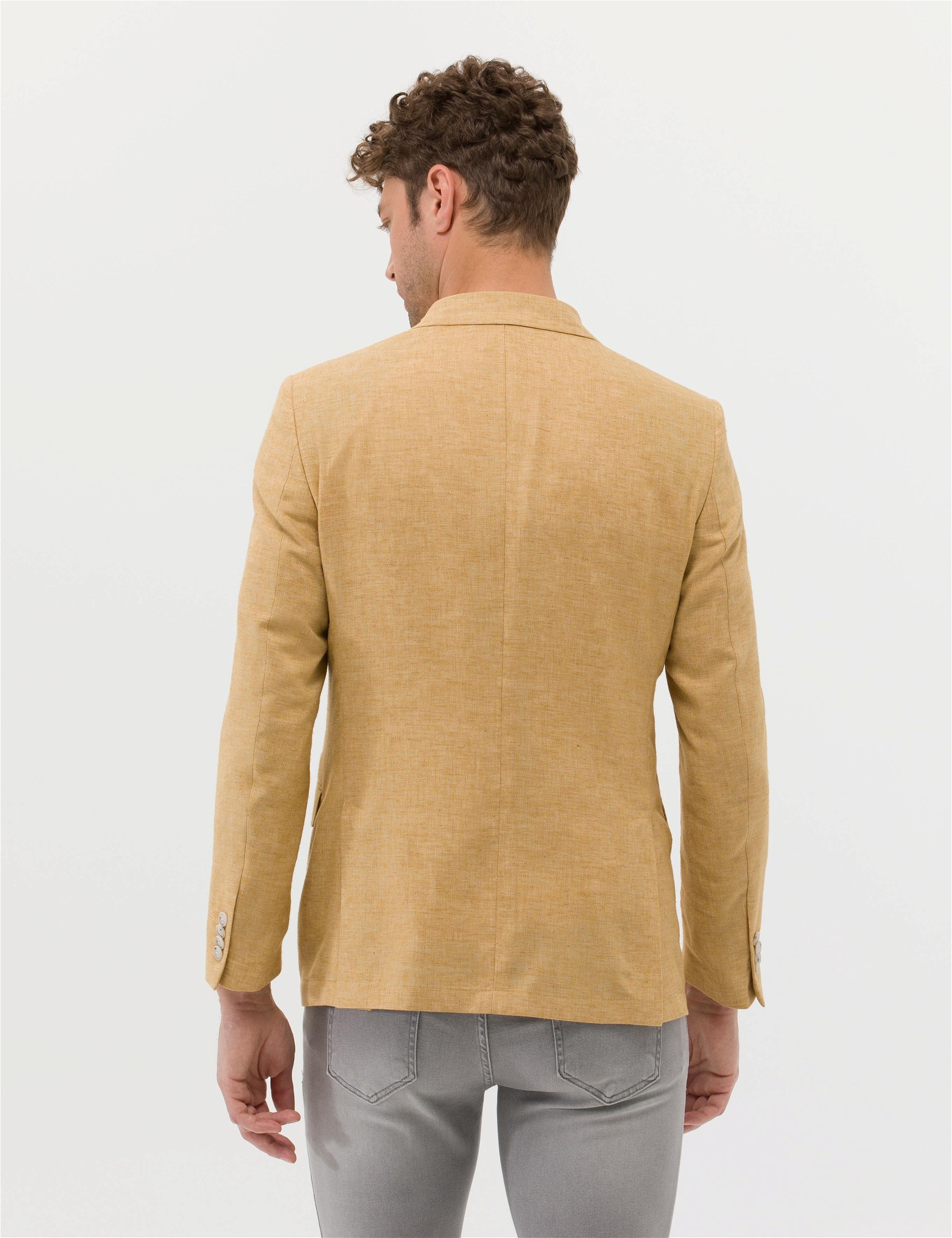 Sarı Ekstra Slim Fit Blazer Keten Karışımlı Ceket