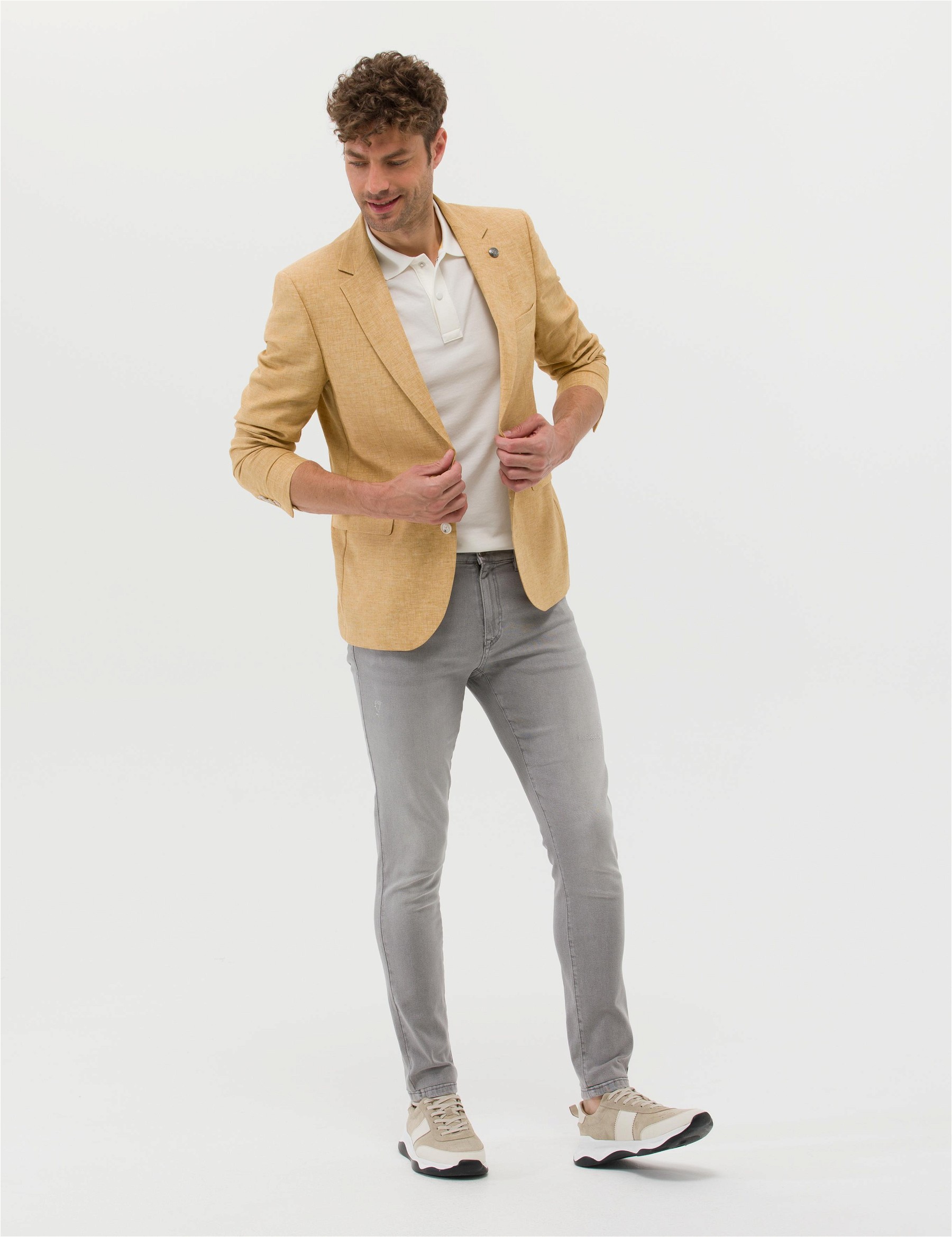 Sarı Ekstra Slim Fit Blazer Keten Karışımlı Ceket