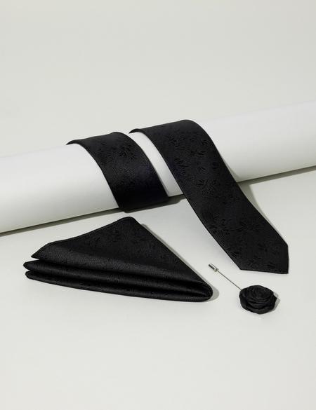 Siyah 3'lü Kravat Mendil Set