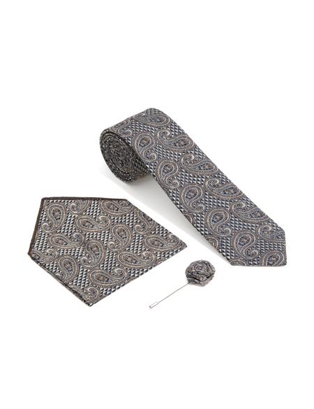 Kahverengi 3'lü Kravat-Mendil-Kravat İğnesi Set