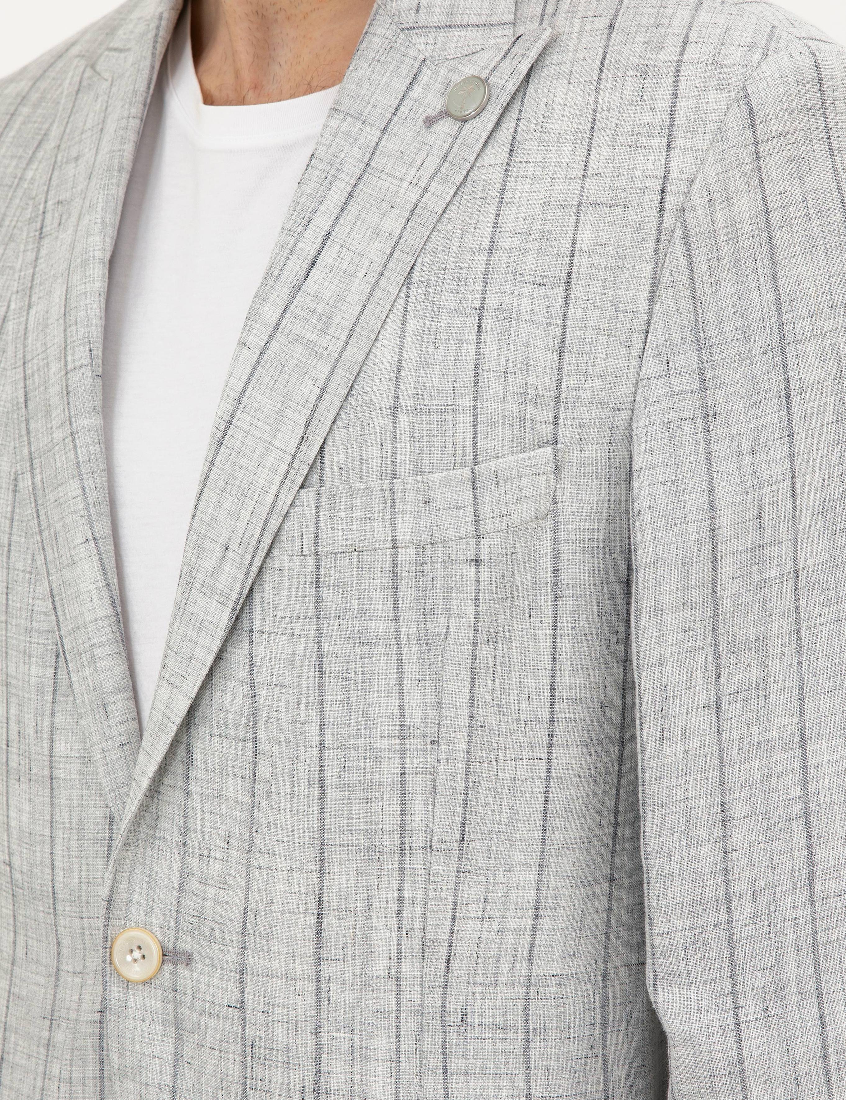 Gri Slim Fit %100 Keten Çizgili Ceket