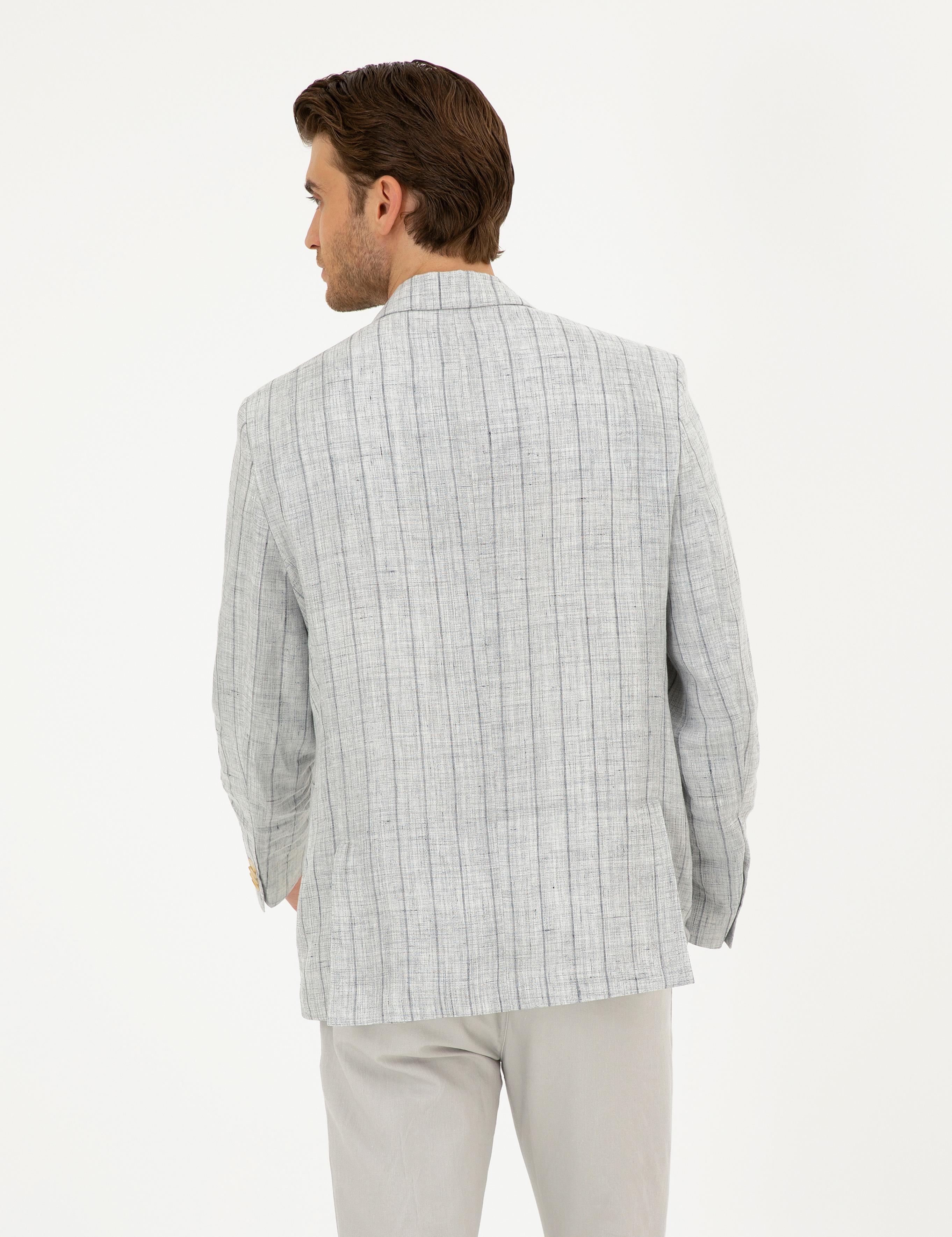 Gri Slim Fit %100 Keten Çizgili Ceket