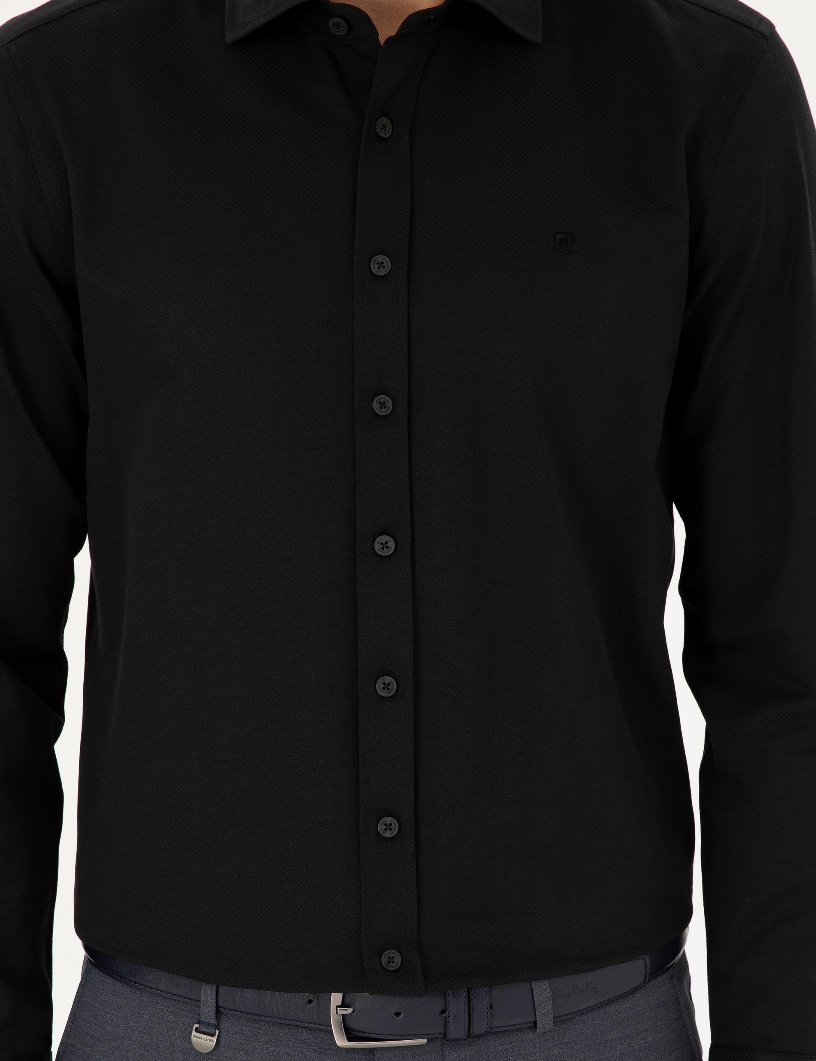 Siyah Slim Fit Armürlü Uzun Kollu Gömlek