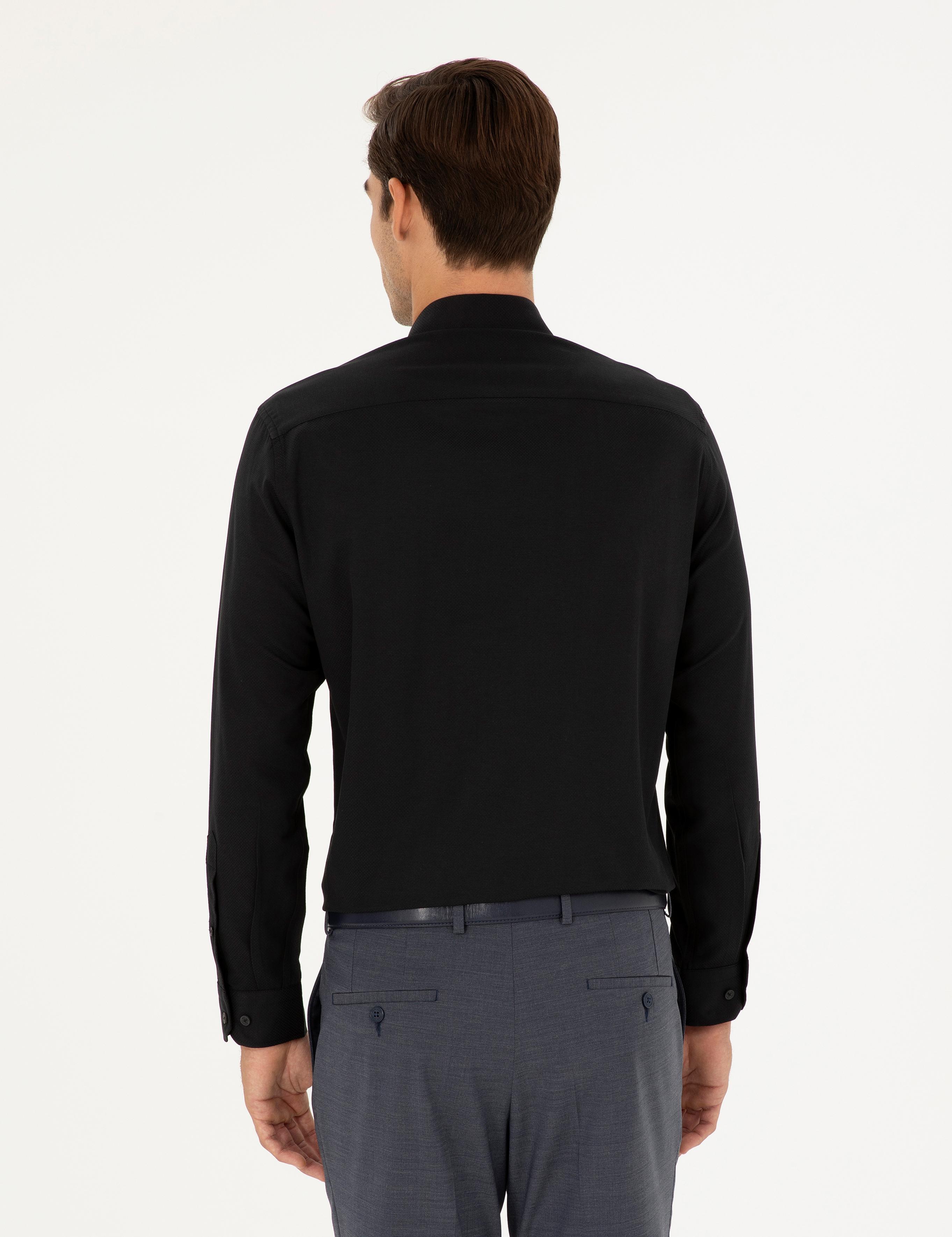 Siyah Slim Fit Armürlü Uzun Kollu Gömlek