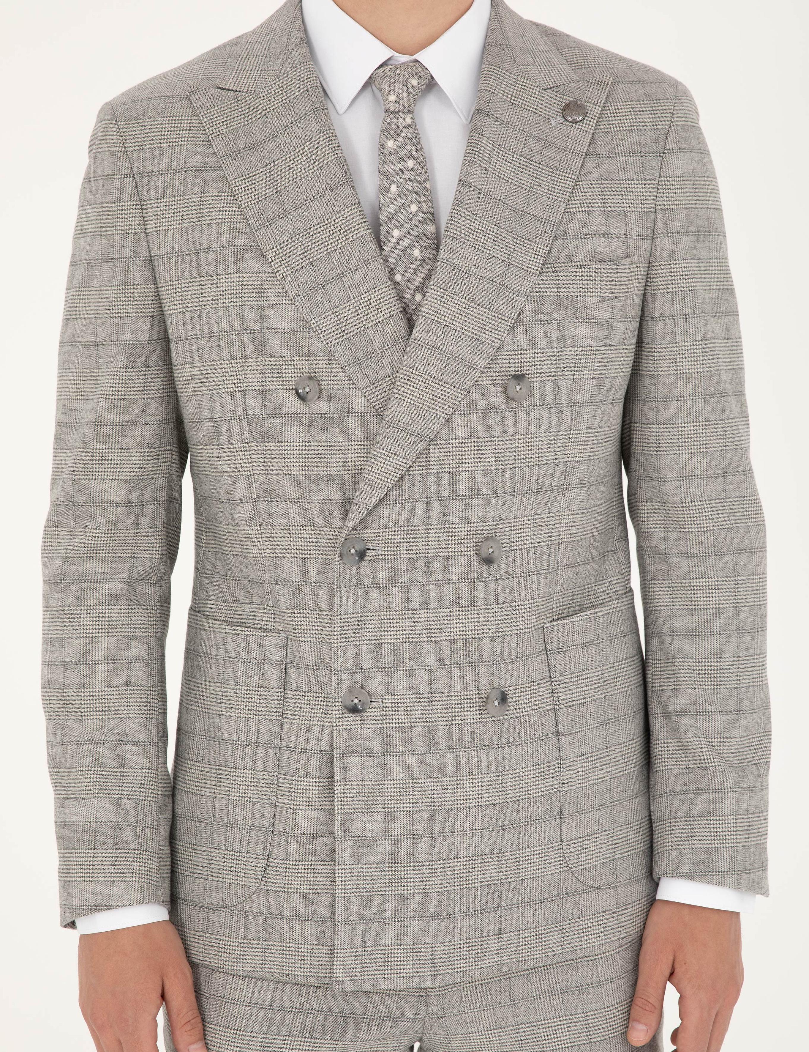 Gri Ex. Slim Fit Ekose Kruvaze Takım Elbise