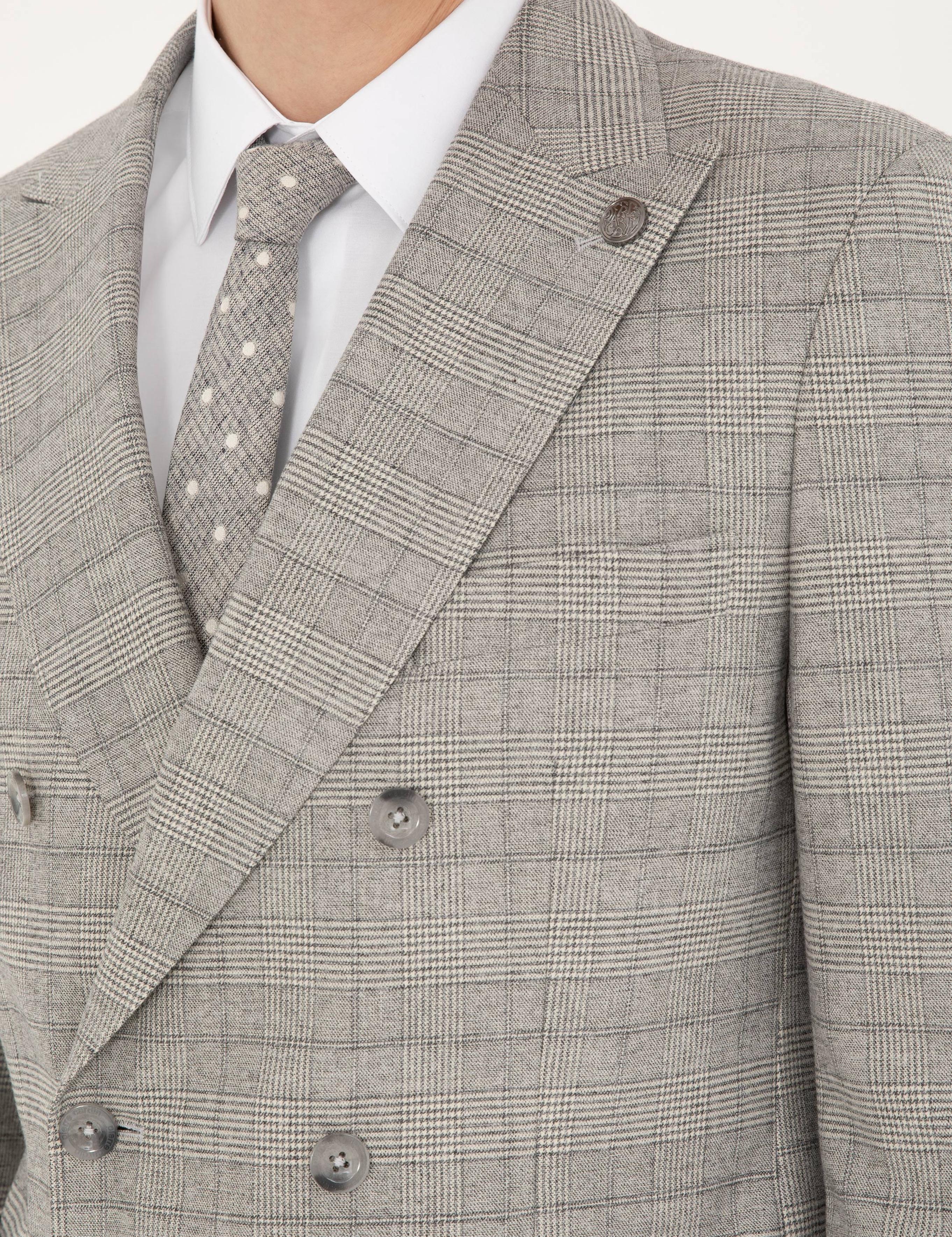 Gri Ex. Slim Fit Ekose Kruvaze Takım Elbise