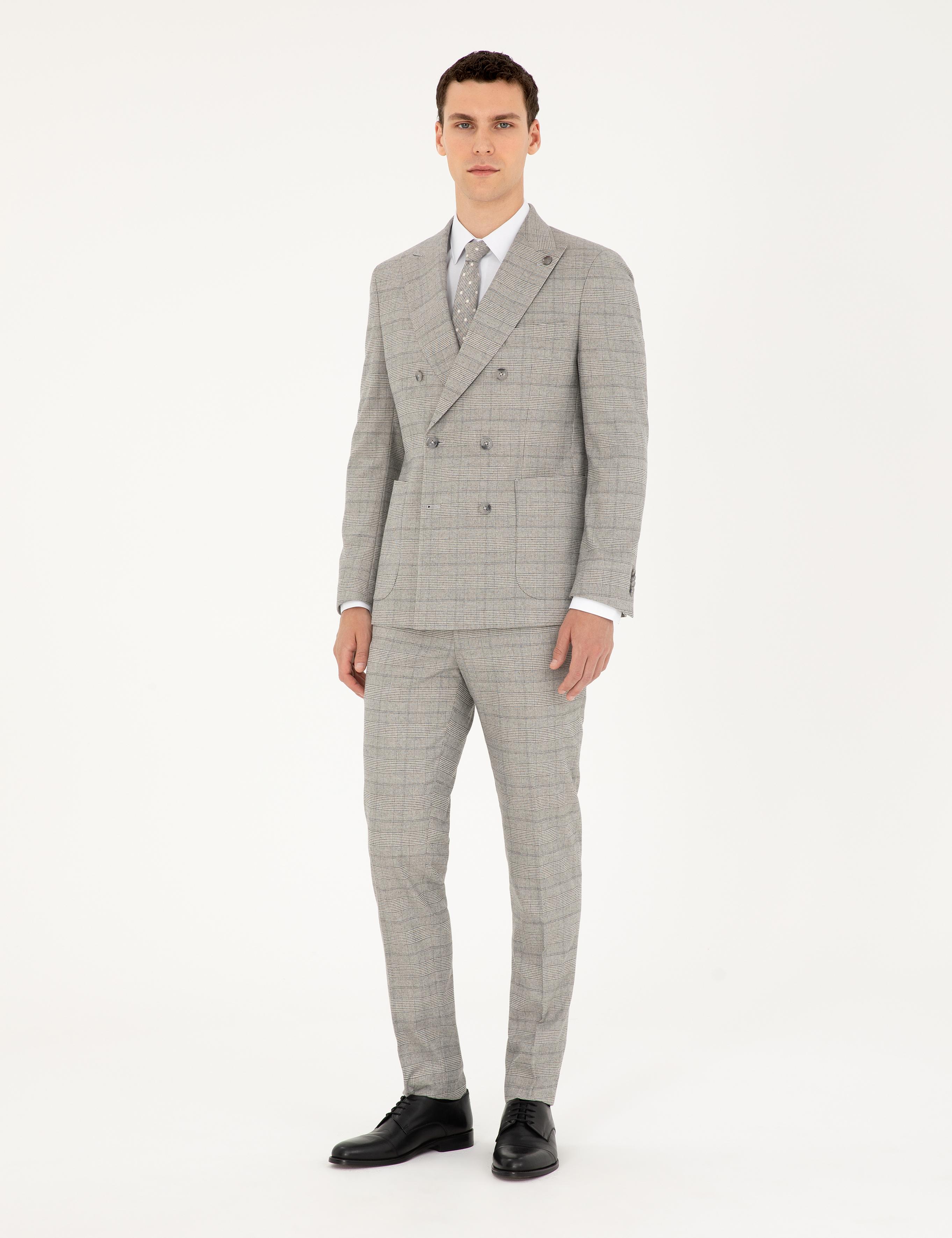 Gri Ex. Slim Fit Ekose Kruvaze Takım Elbise