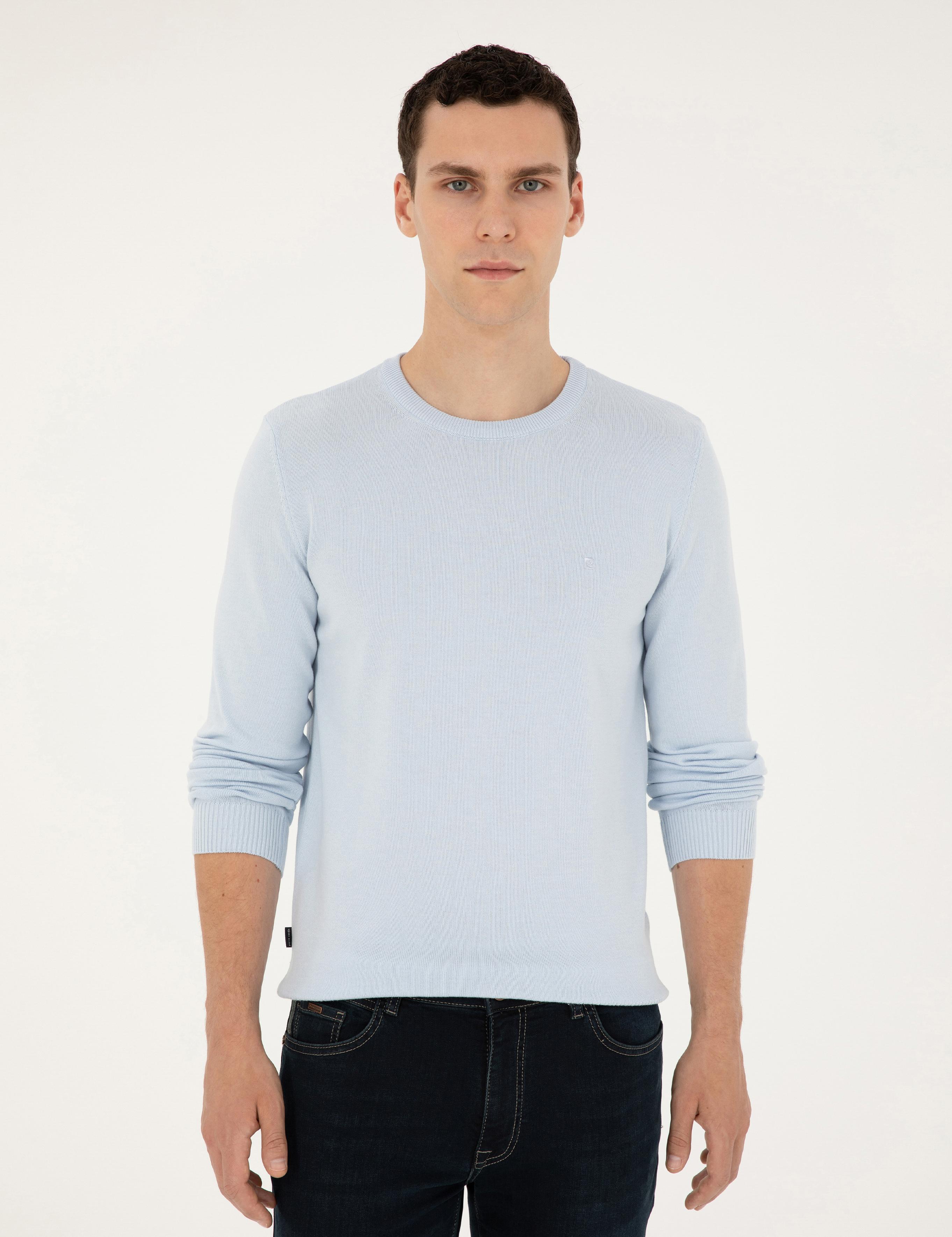 Açık Mavi Slim Fit Bisiklet Yaka Basic Triko Kazak