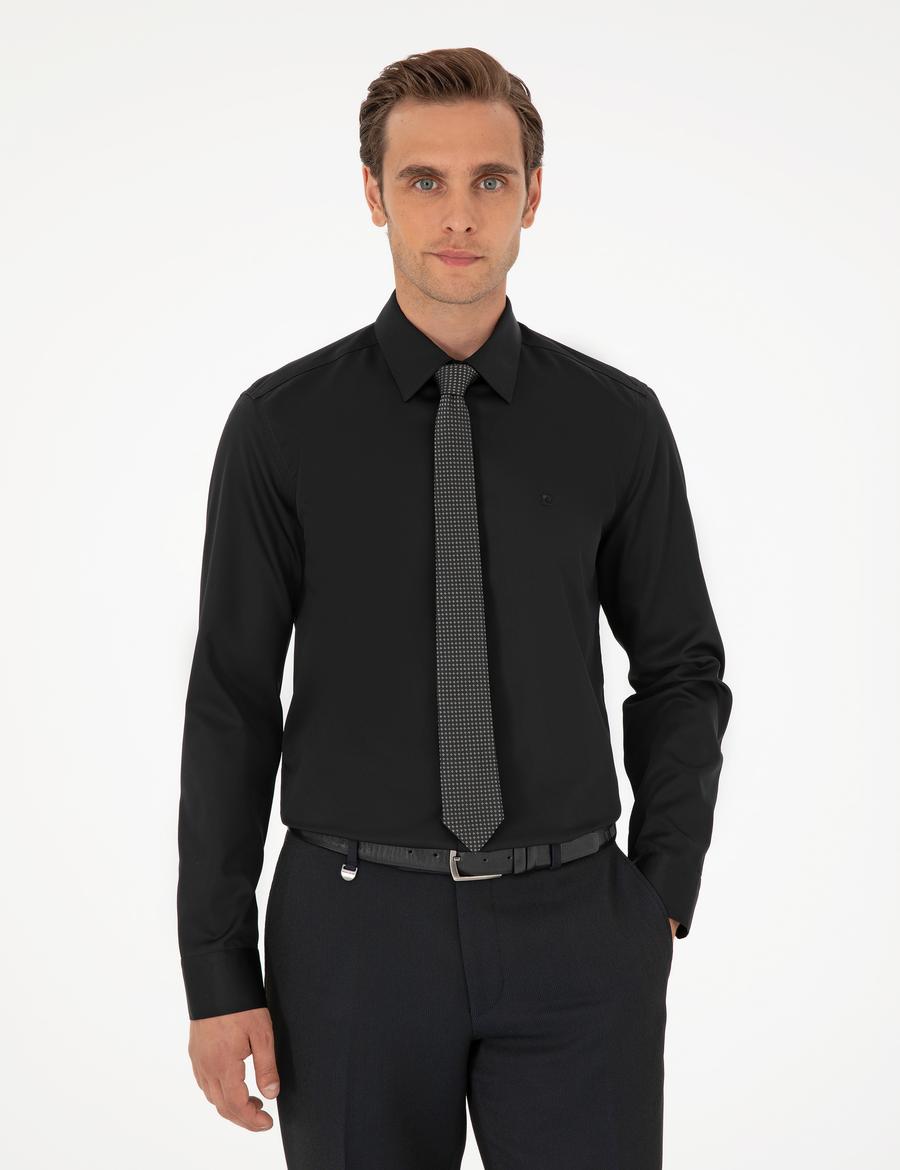 Siyah Slim Fit Uzun Kollu Basic Gömlek_2