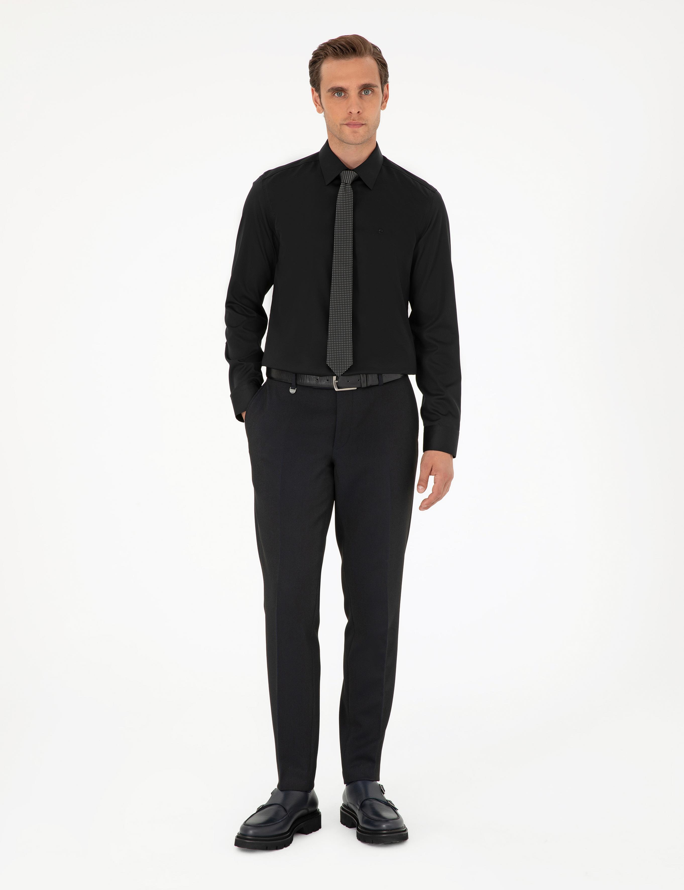 Siyah Slim Fit Uzun Kollu Basic Gömlek