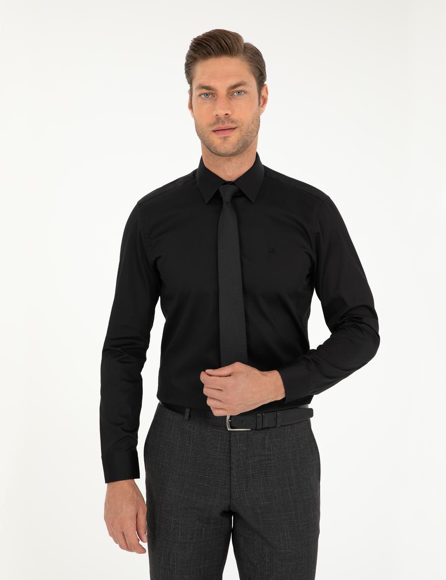 Siyah Slim Fit Uzun Kollu Basic Gömlek_2