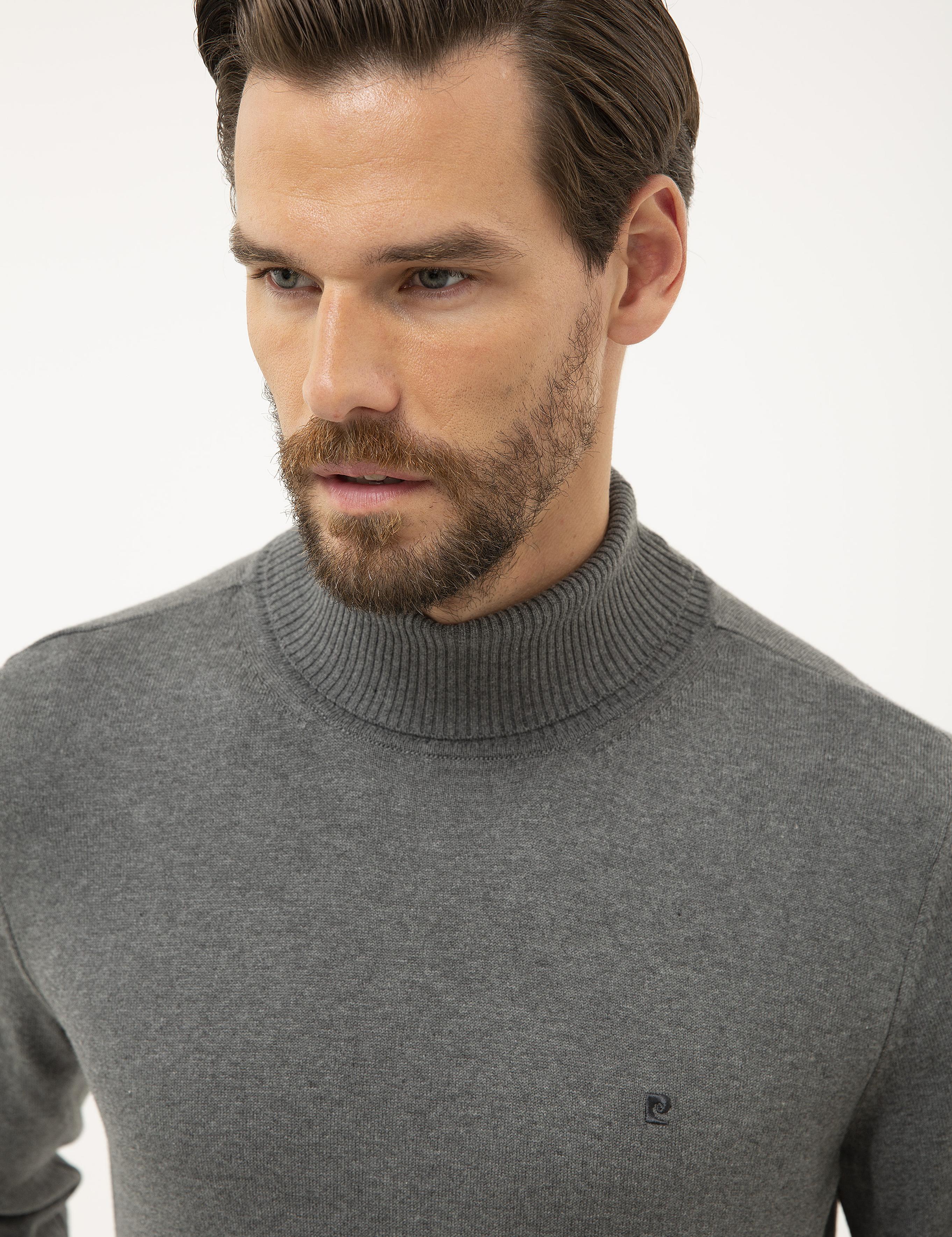 Gri Melanj Slim Fit Tam Balıkçı Yaka Basic Triko Kazak
