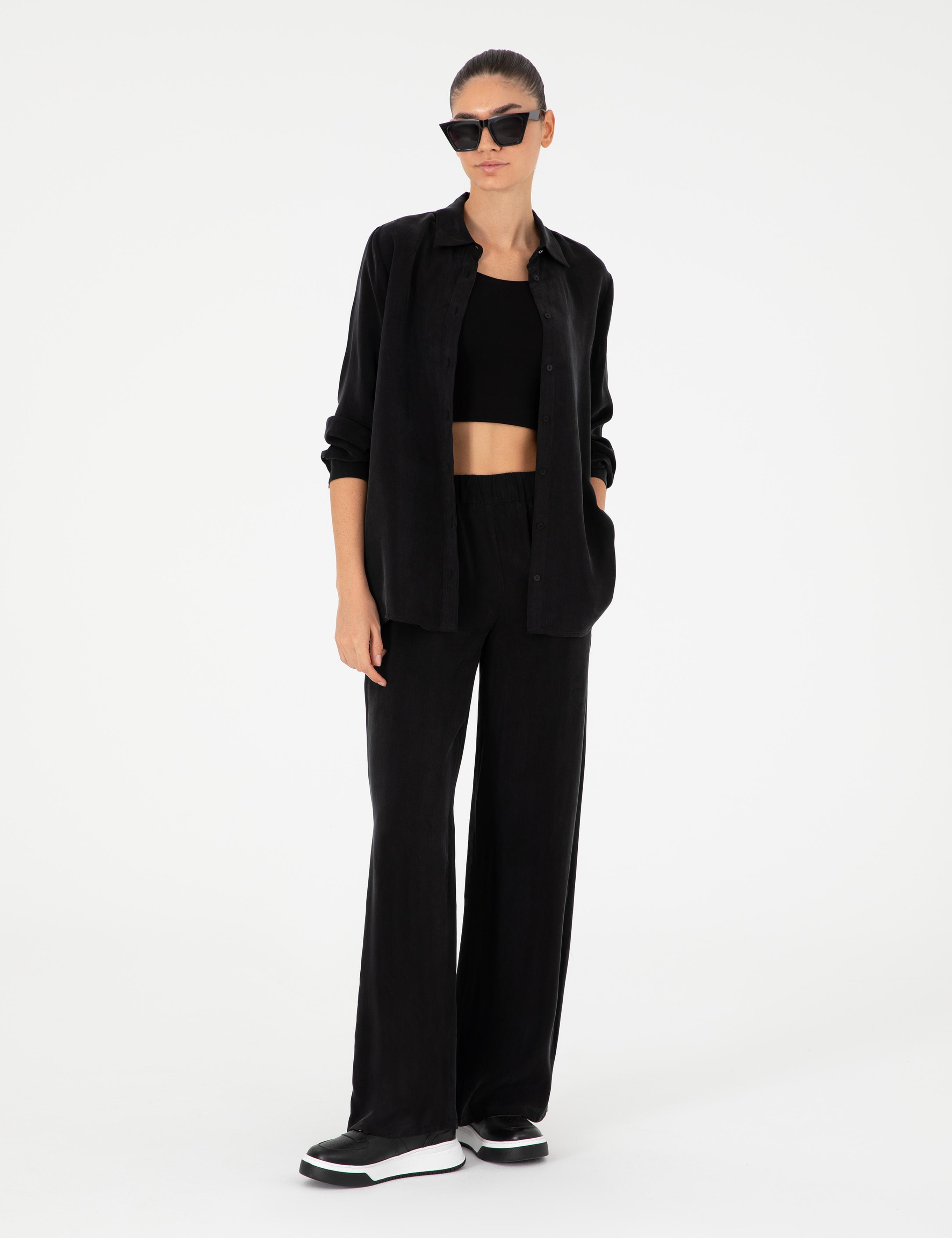 Siyah Yüksek Bel Kupro Kumaş Loose Fit Pantolon