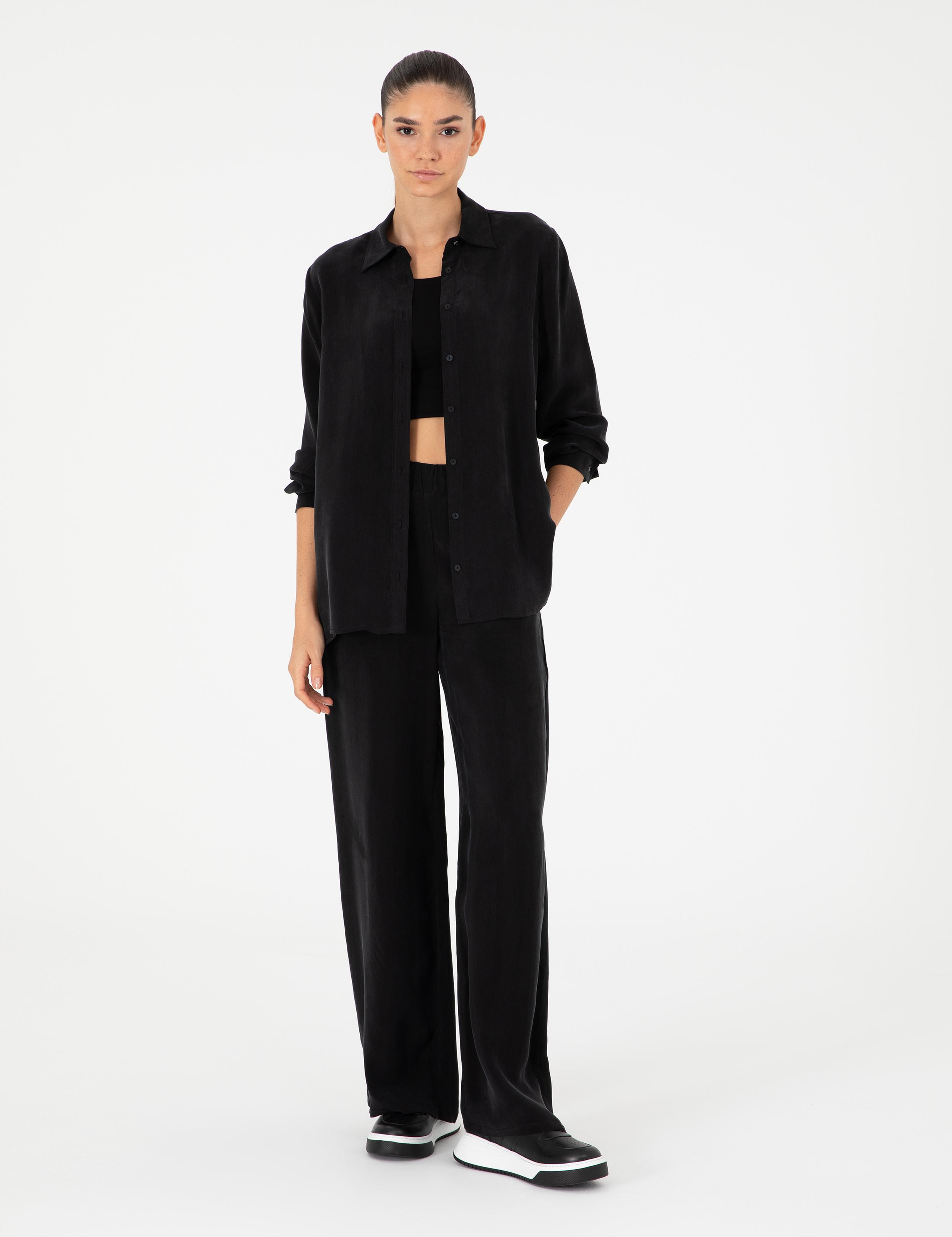Siyah Yüksek Bel Kupro Kumaş Loose Fit Pantolon