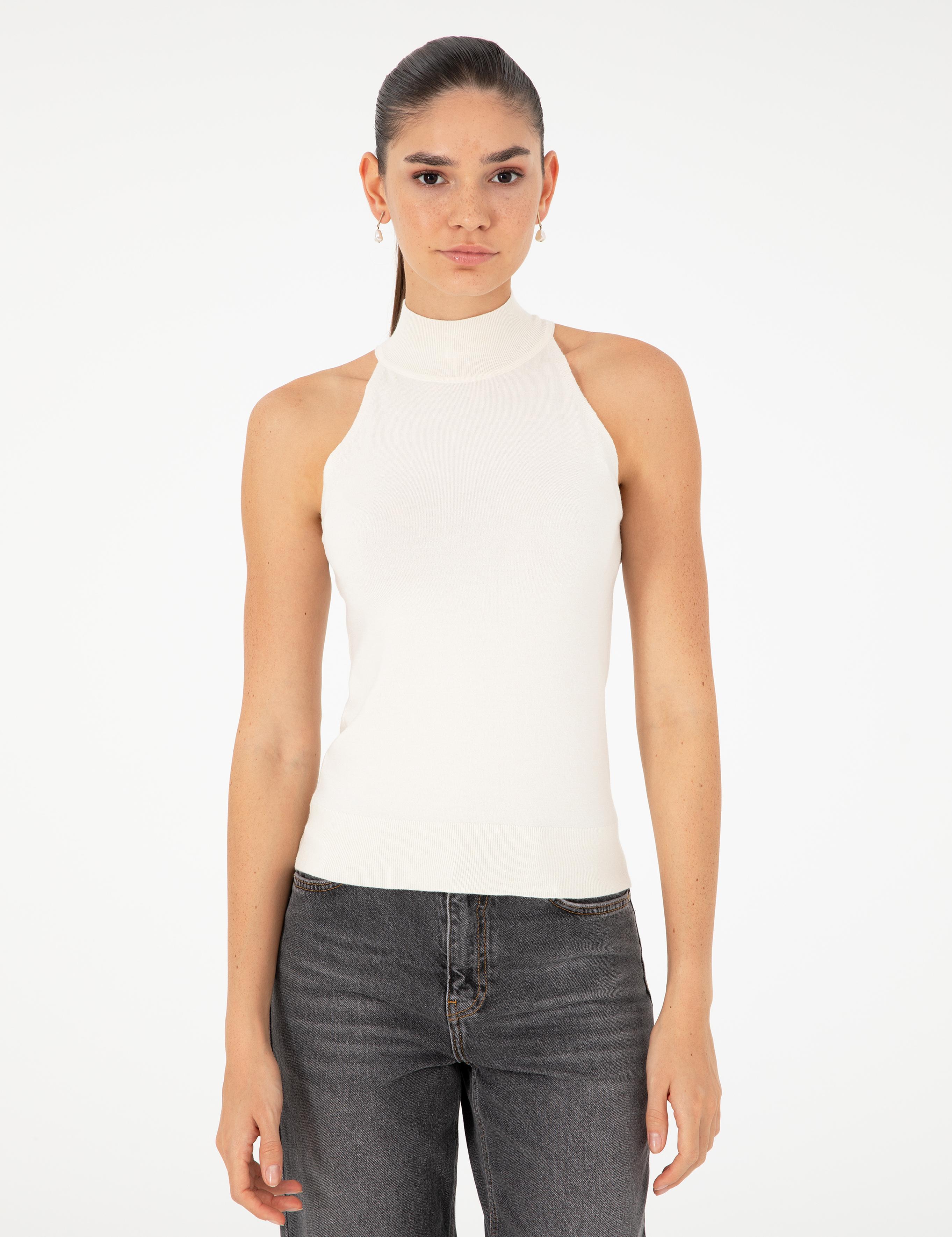 Ekru Slim Fit Triko Bluz