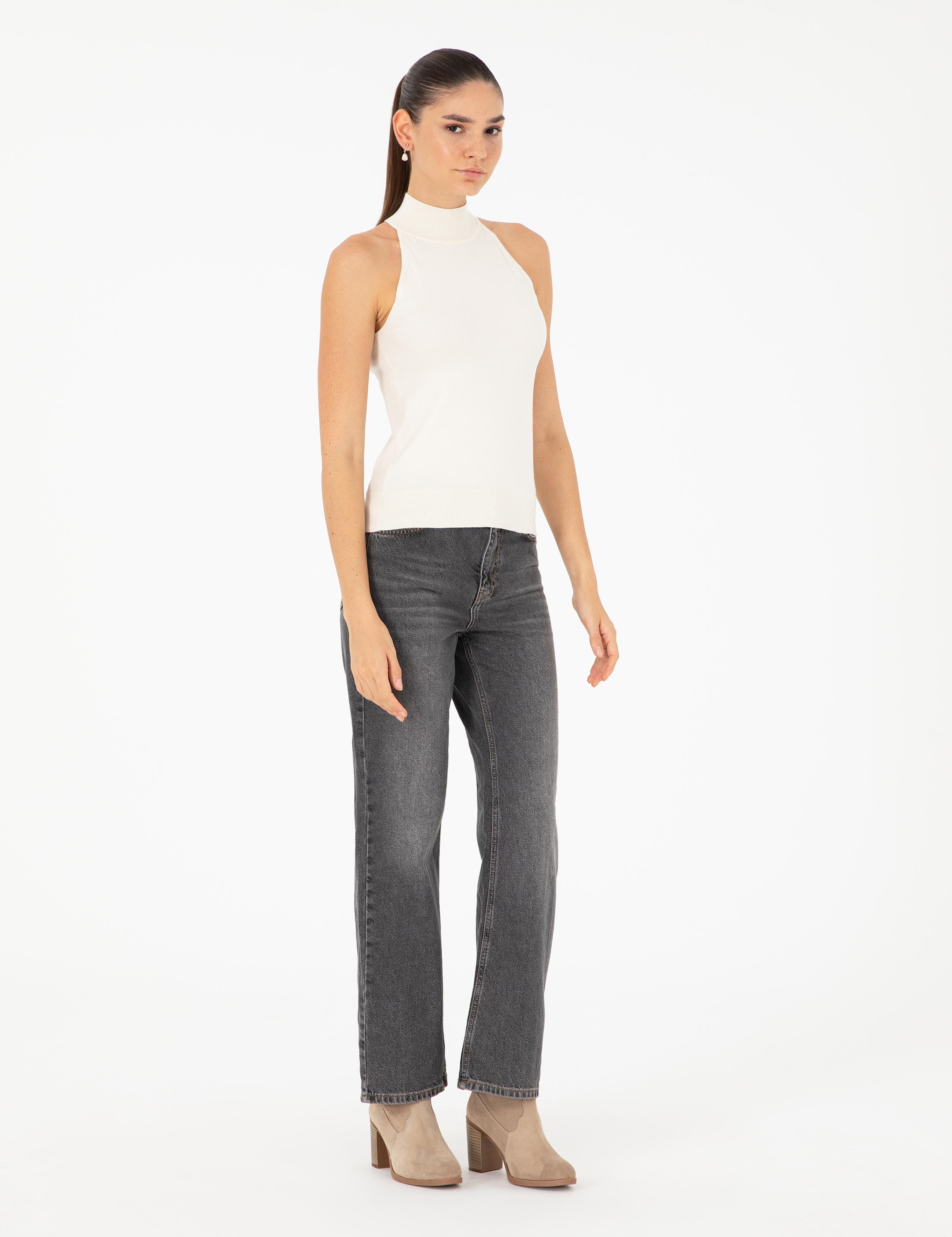 Ekru Slim Fit Triko Bluz