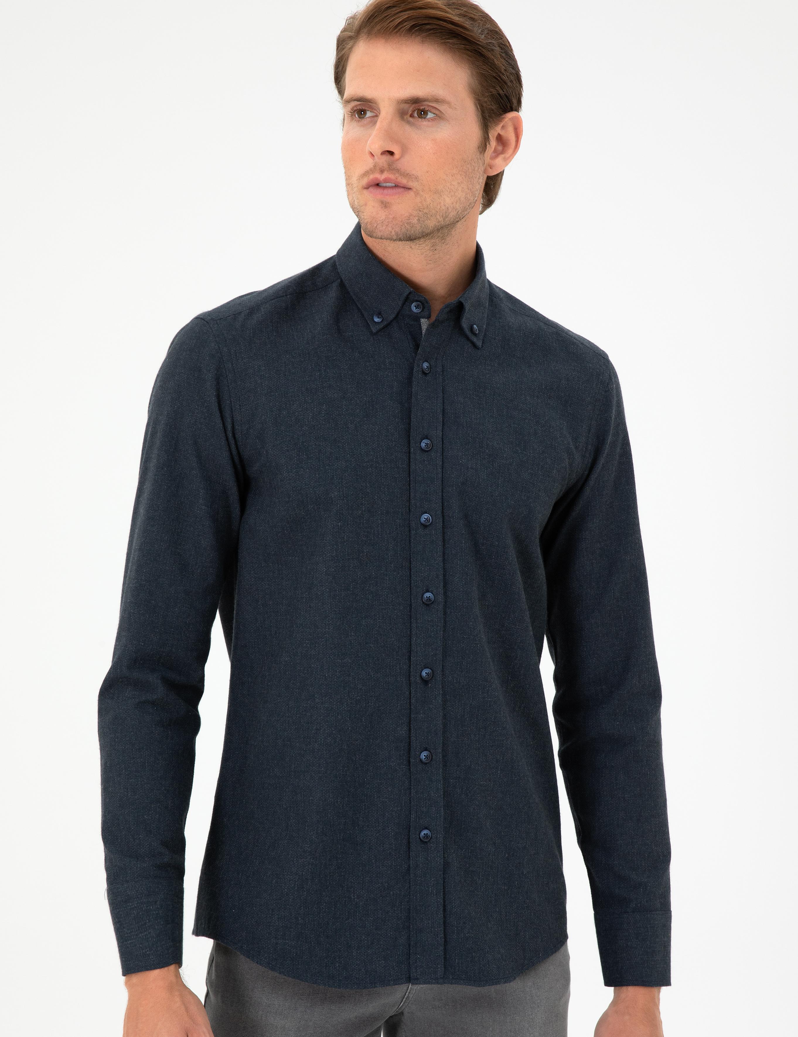 Lacivert Slim Fit Uzun Kollu Gömlek