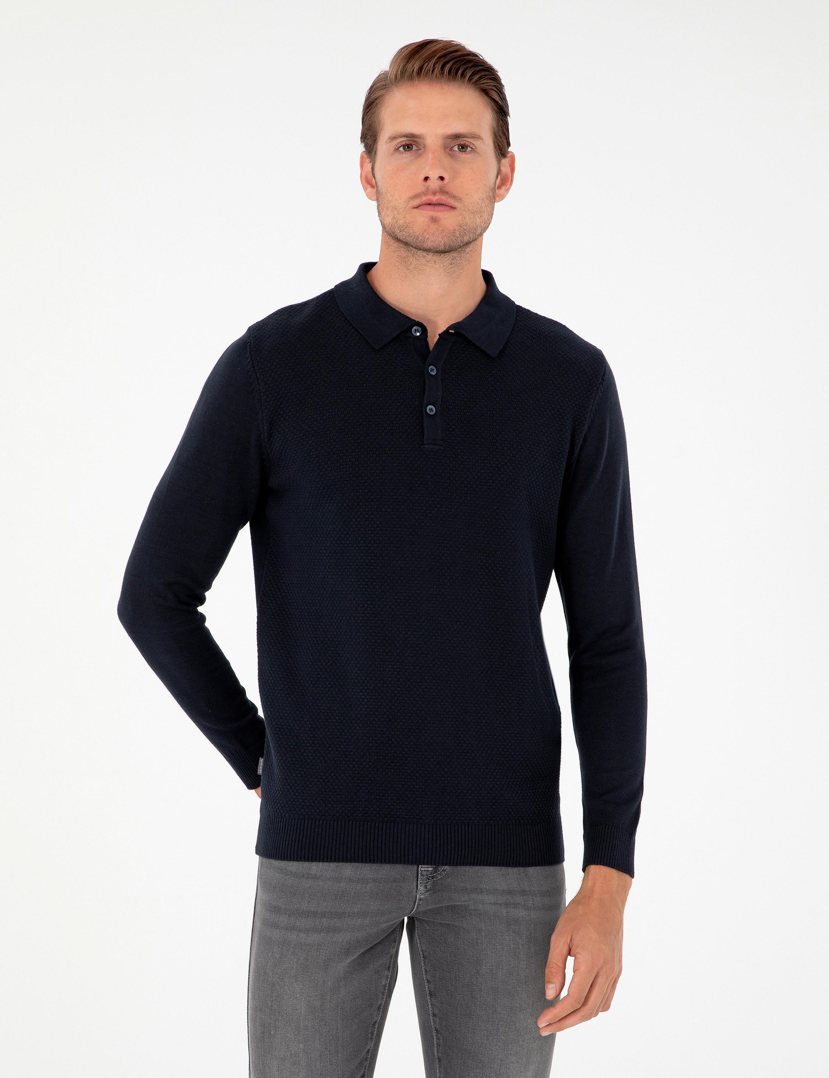 Lacivert Slim Fit Düğmeli Polo Yaka Triko Kazak