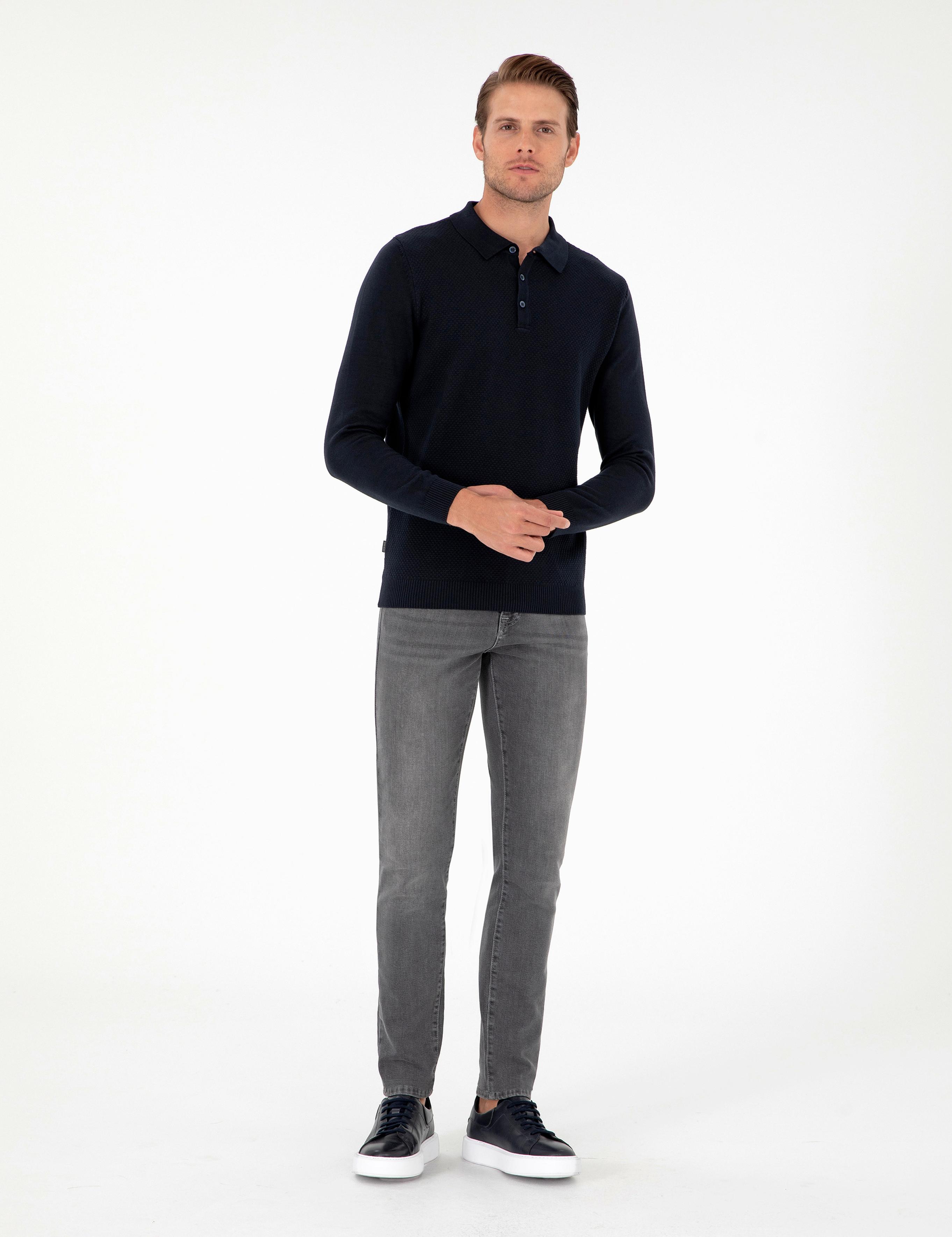 Lacivert Slim Fit Düğmeli Polo Yaka Triko Kazak