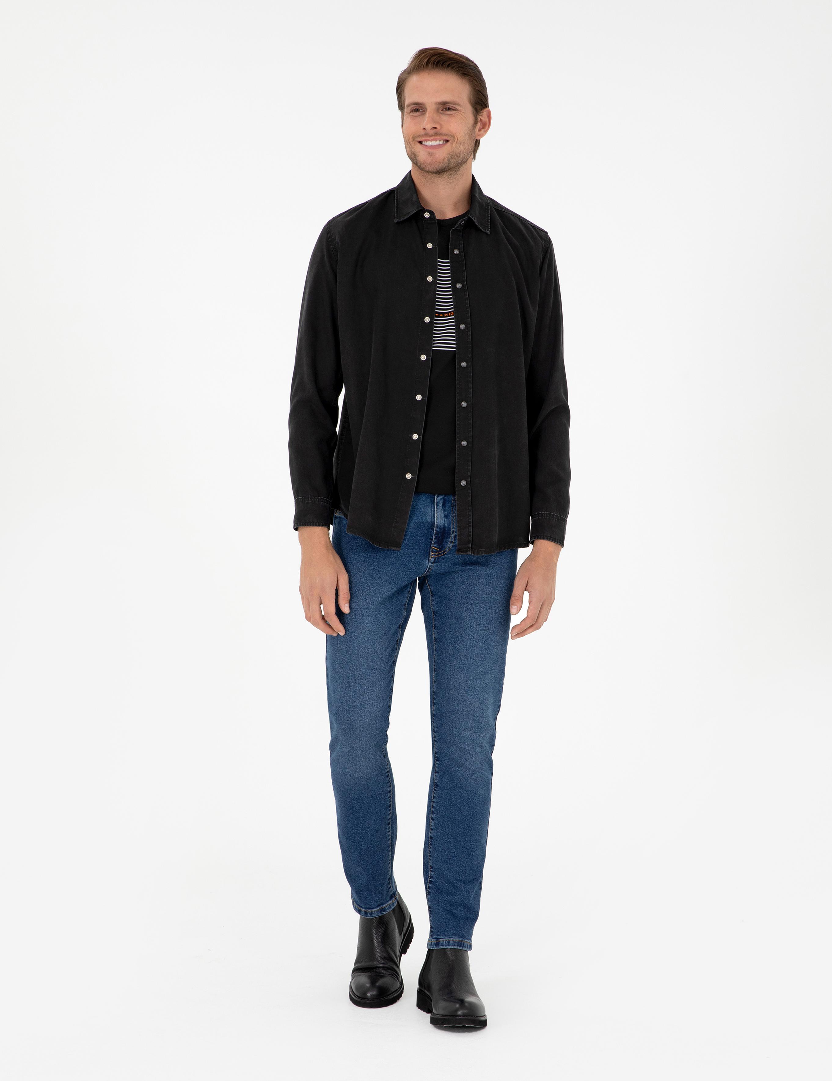 Siyah Regular Fit Uzun Kollu Jean Gömlek