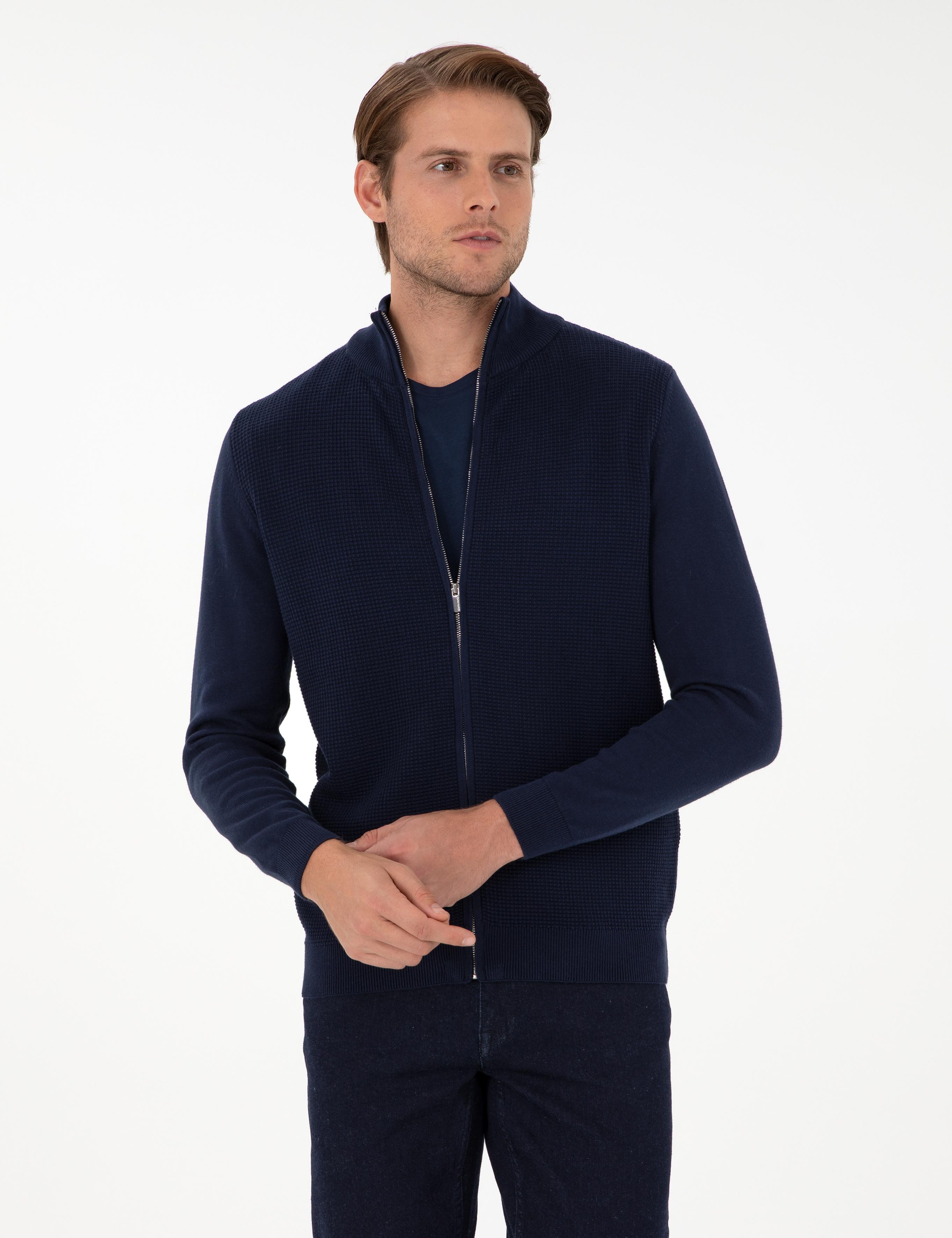 Lacivert Slim Fit Fermuarlı Triko Hırka
