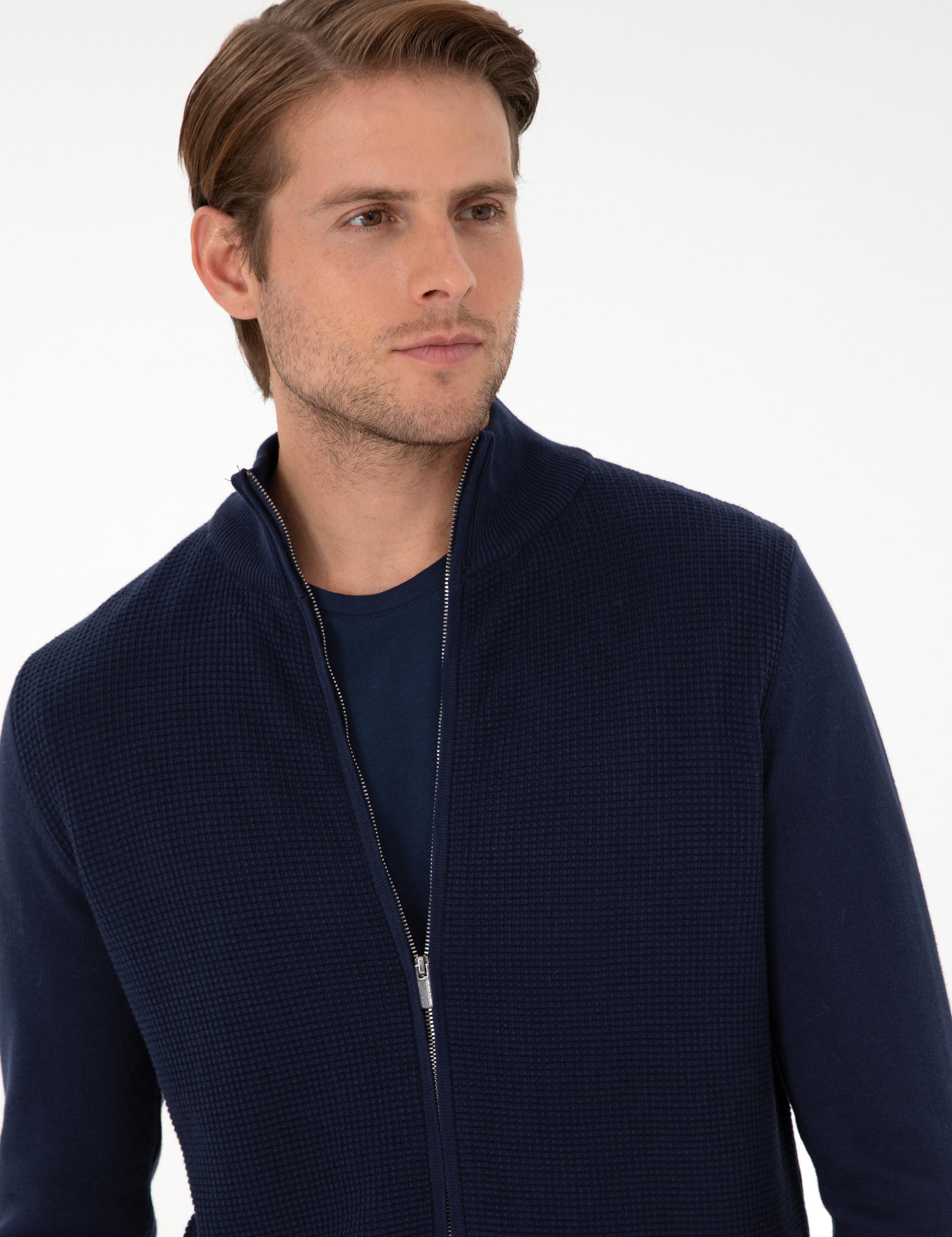 Lacivert Slim Fit Fermuarlı Triko Hırka