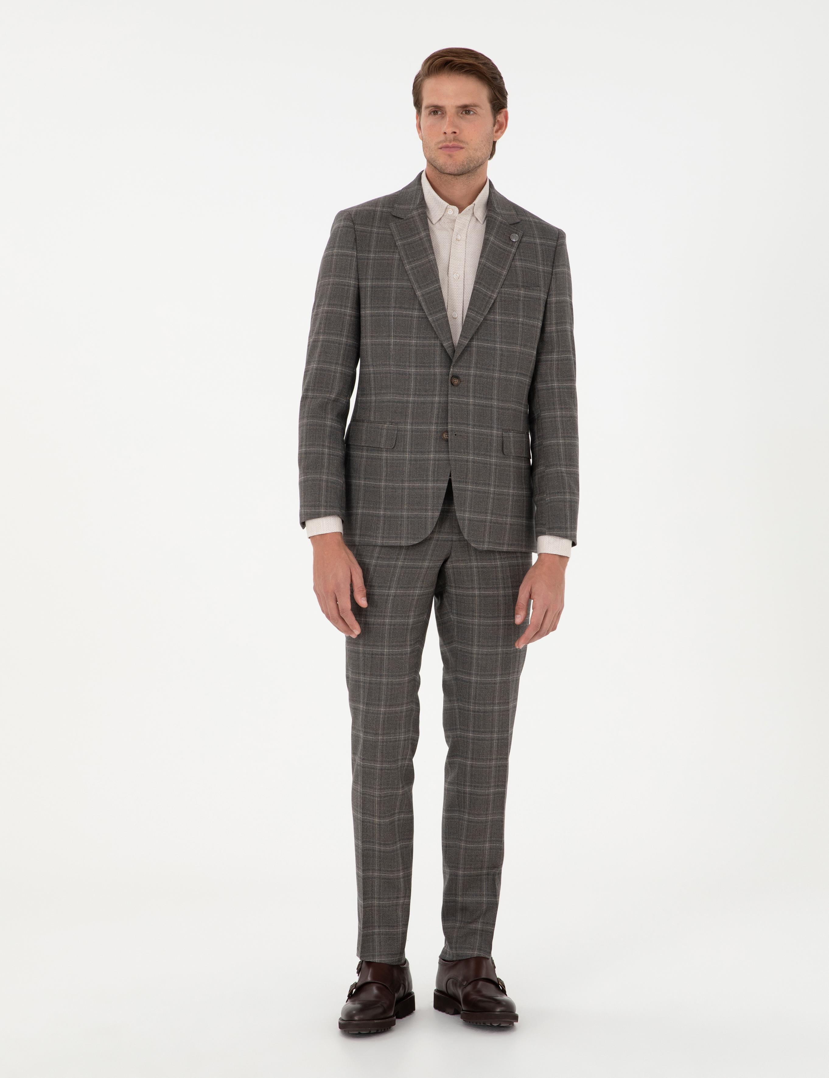 Kahverengi Slim Fit Ekose Yünlü Takım Elbise