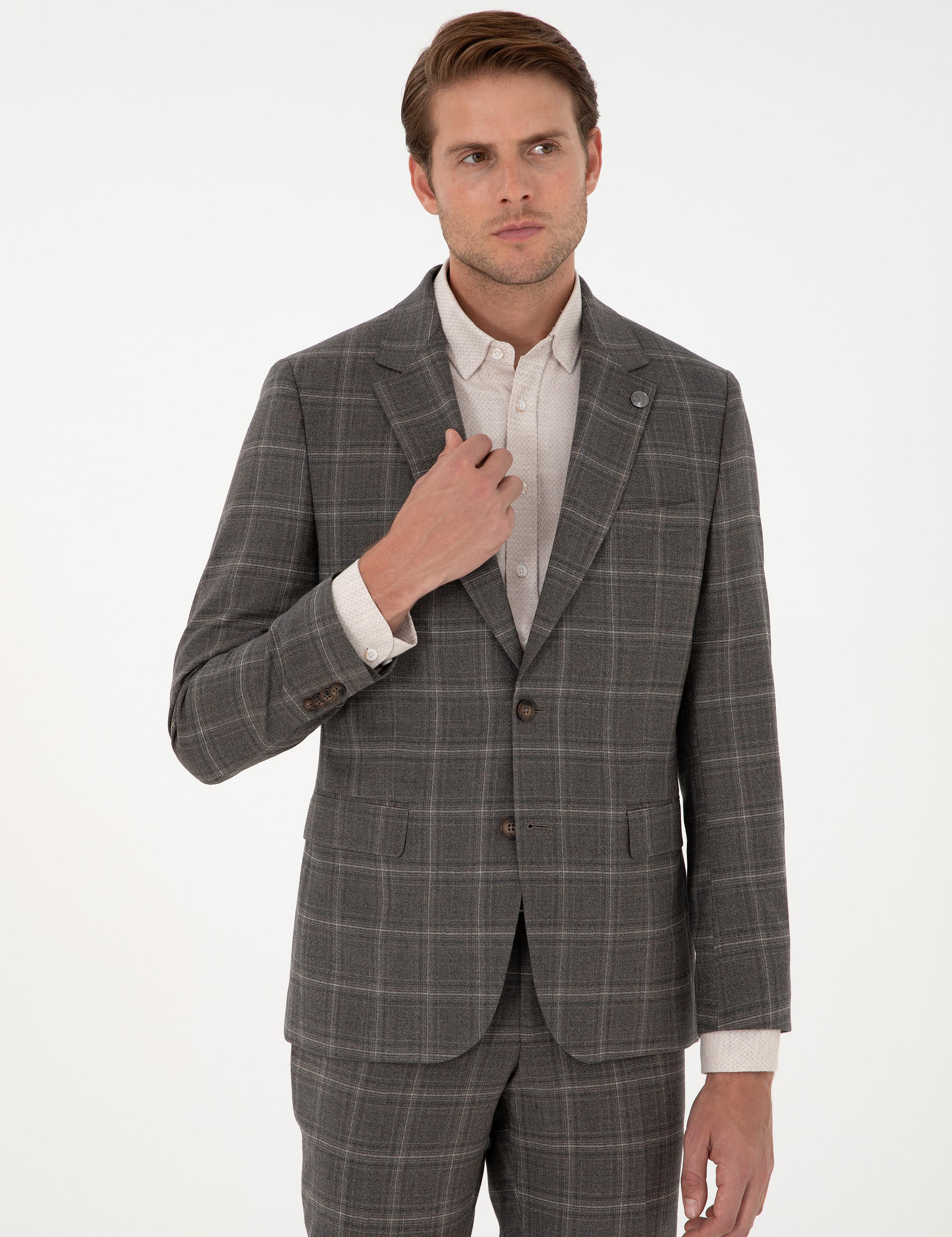 Kahverengi Slim Fit Ekose Yünlü Takım Elbise