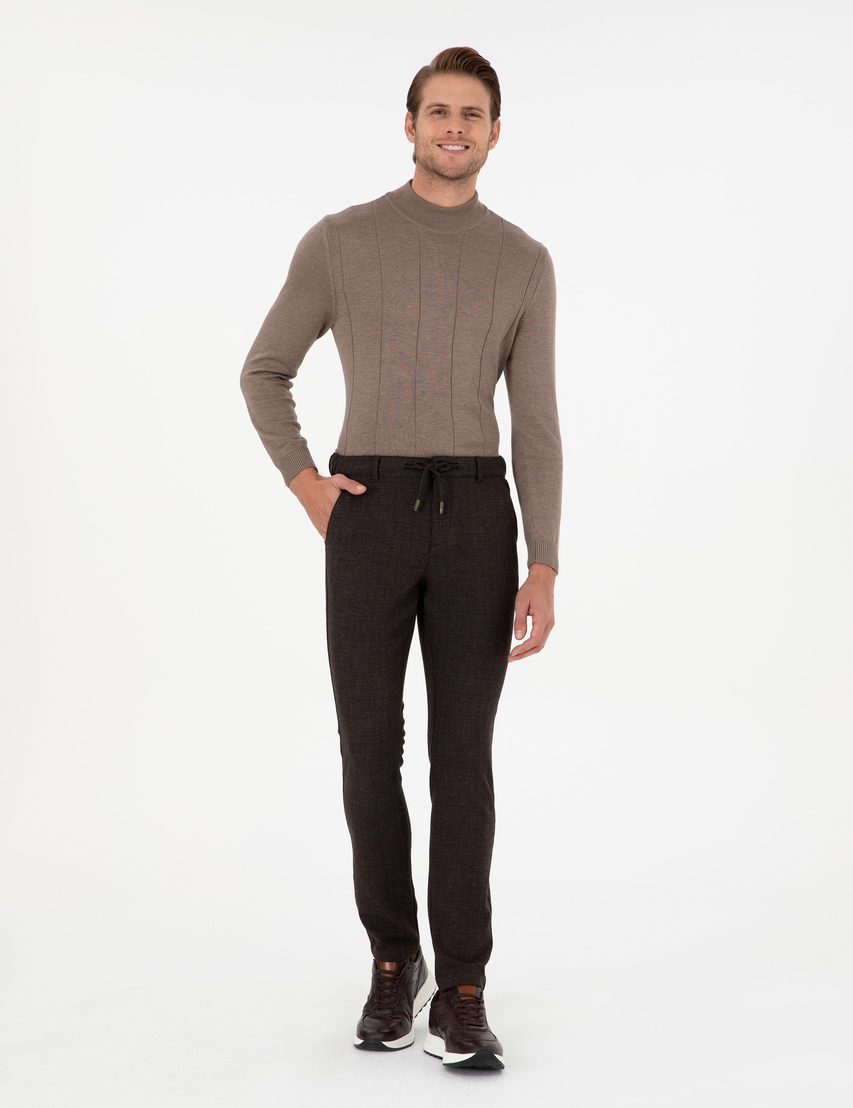 Kahverengi Slim Fit Beli Lastikli Bağcıklı Kanvas Pantolon