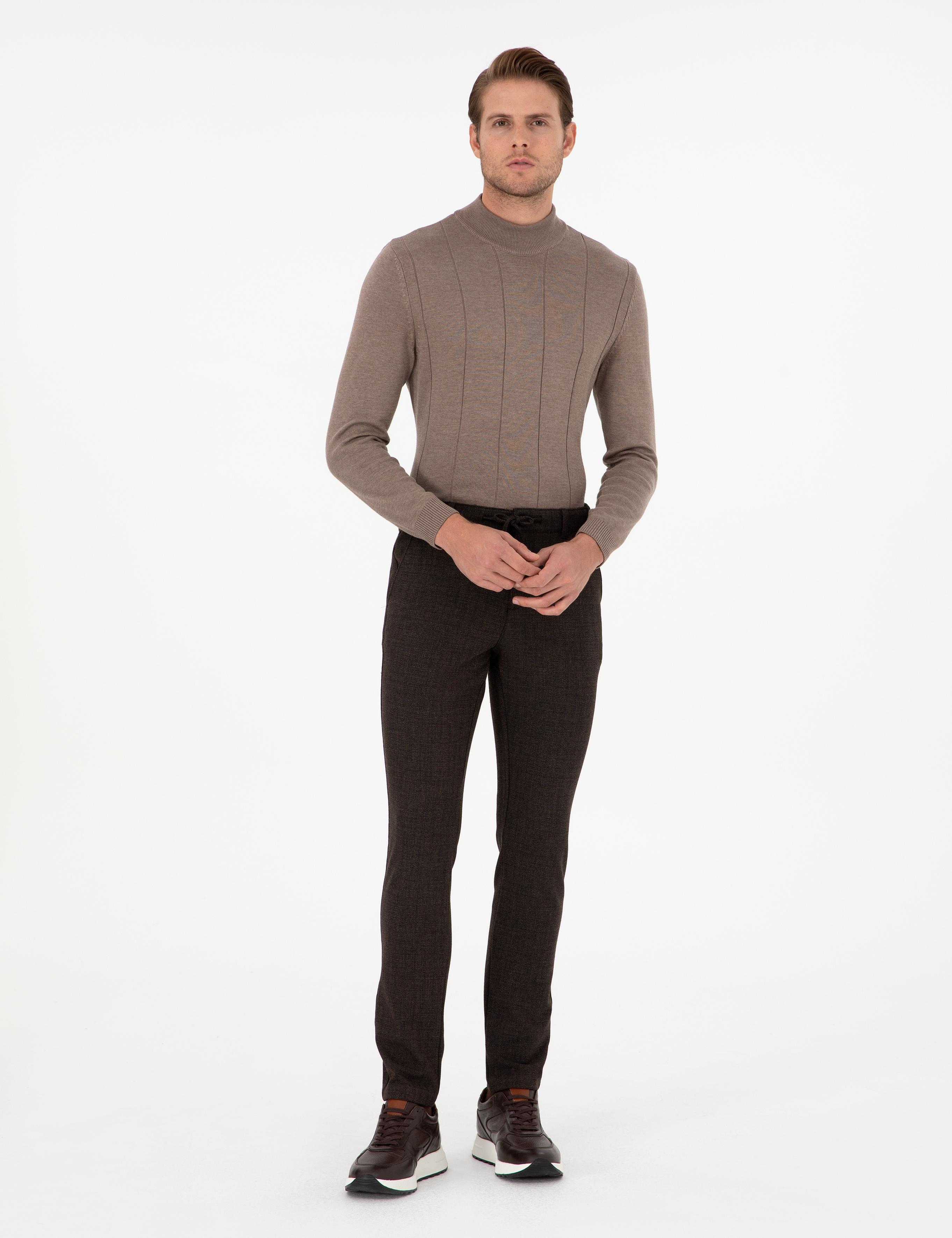 Kahverengi Slim Fit Beli Lastikli Bağcıklı Kanvas Pantolon