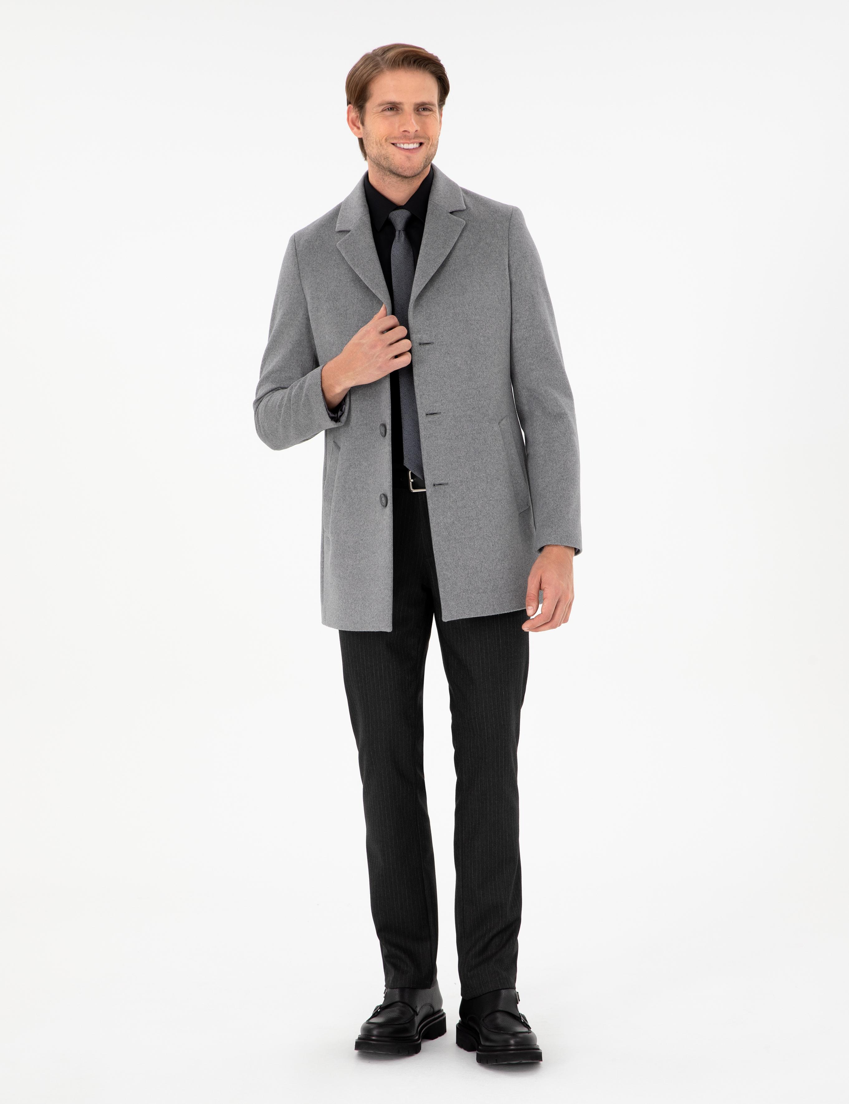 Açık Gri Ex. Slim Fit Kaşe Kaban
