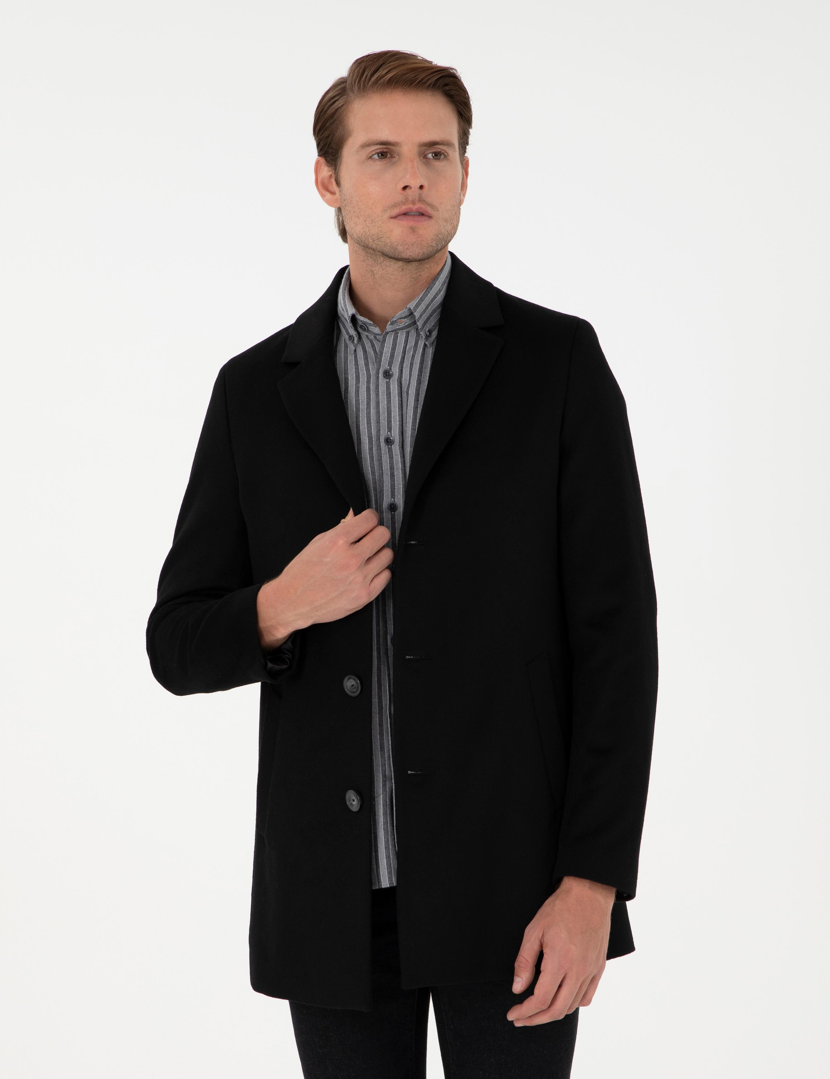 Siyah Ex. Slim Fit Kaşe Kaban